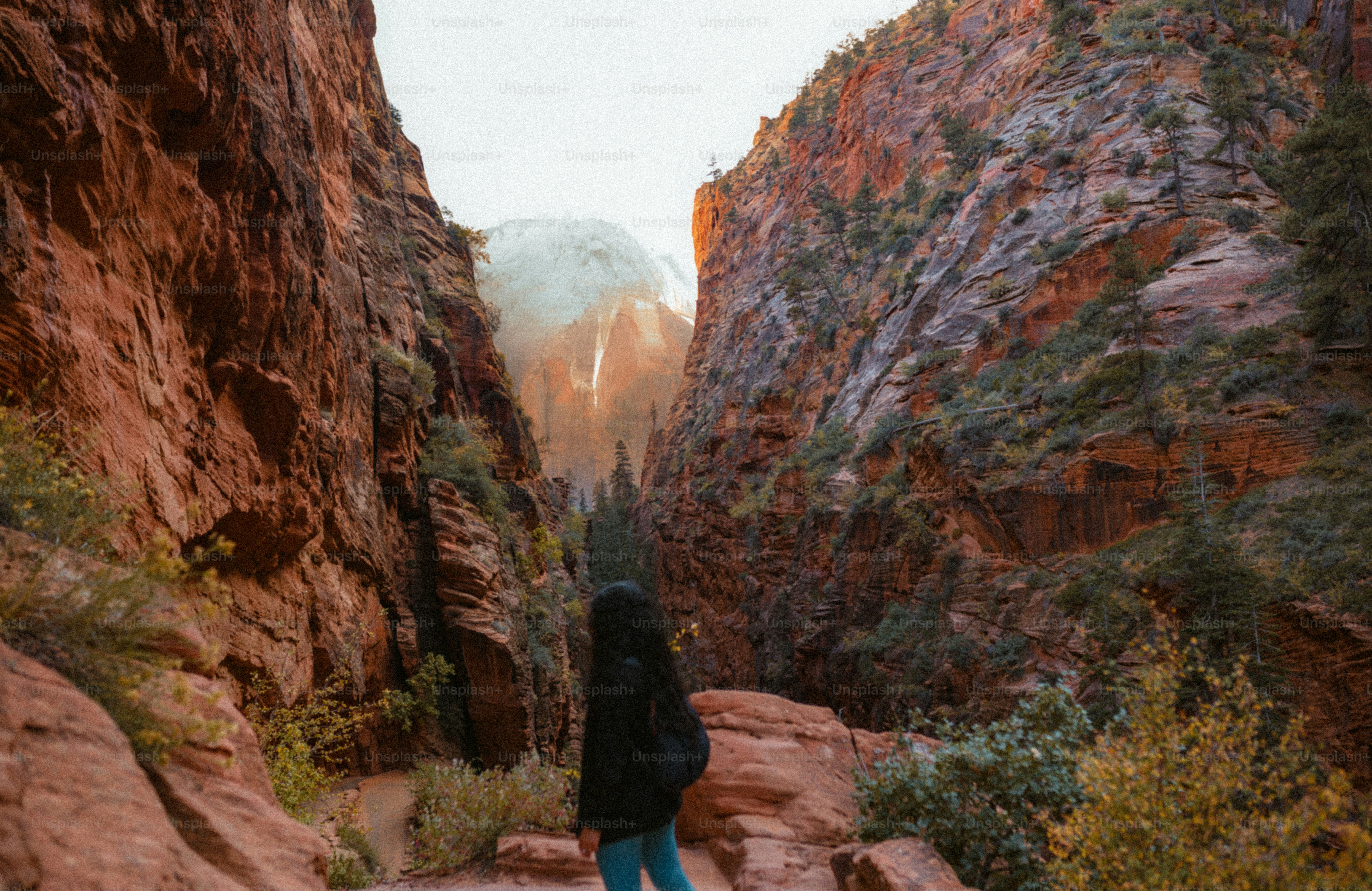 Person standing in a canyon with rocky walls.