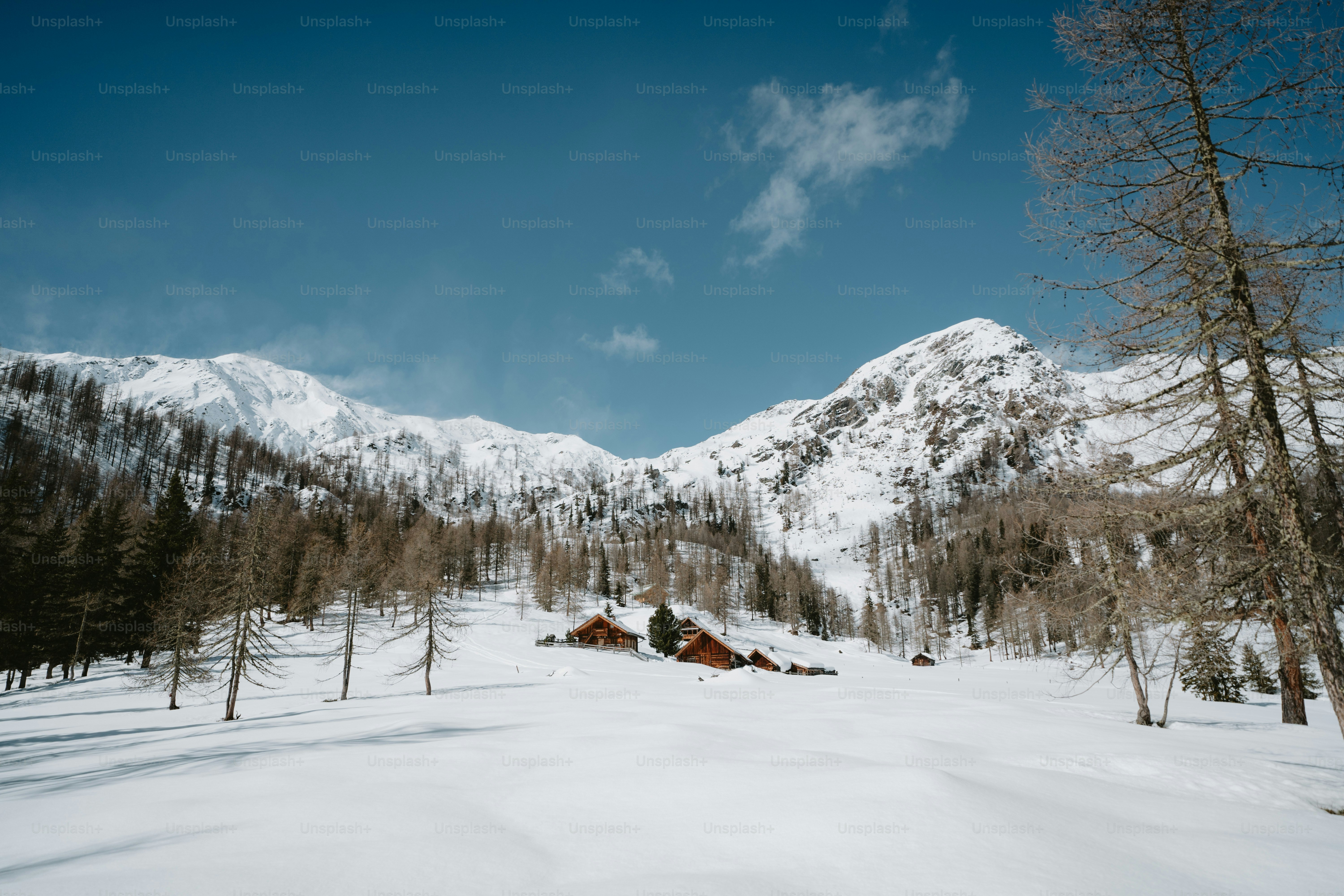 Two red cabins nestled in a snowy mountain landscape.