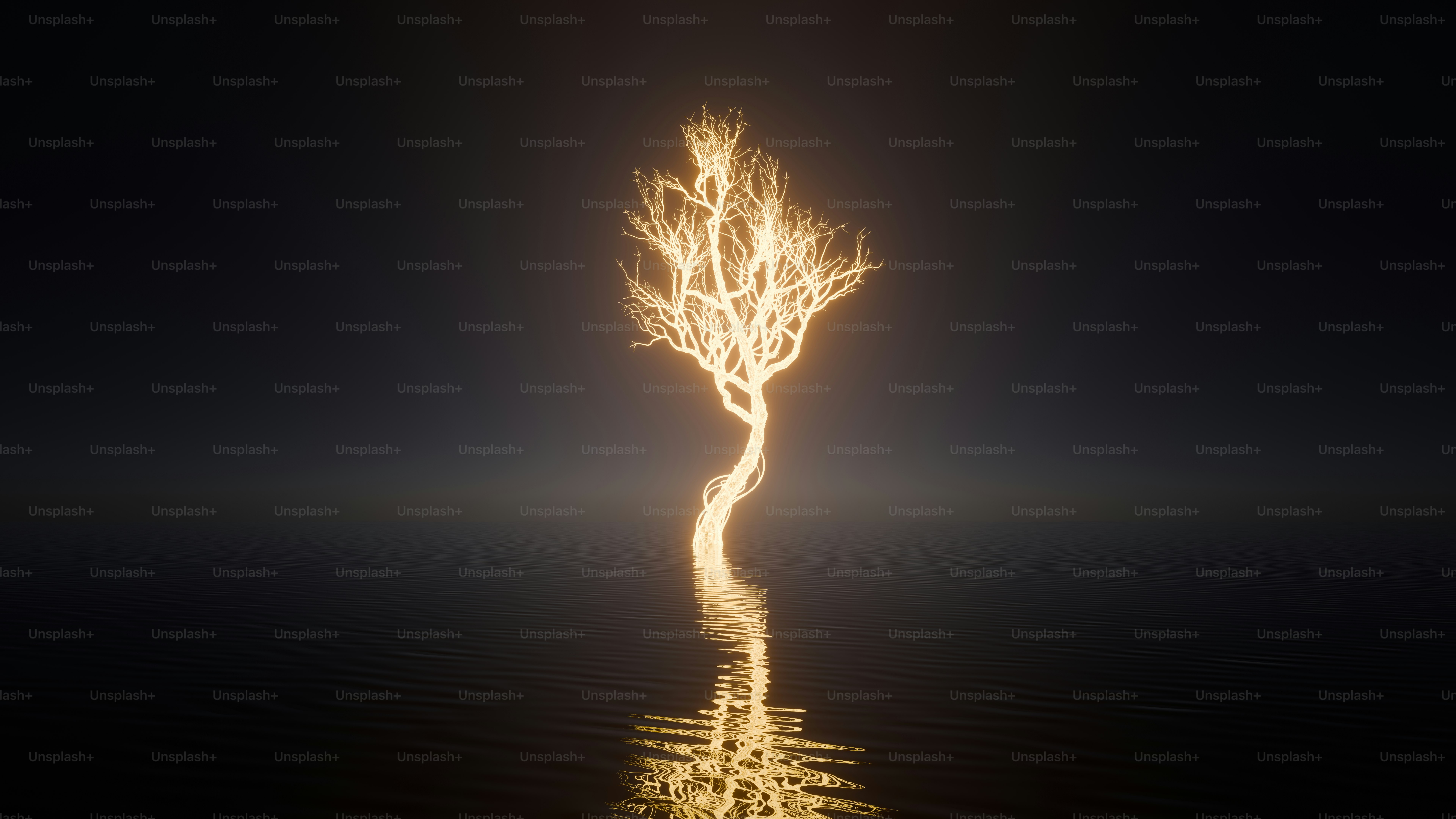 A glowing tree silhouette against a dark background.