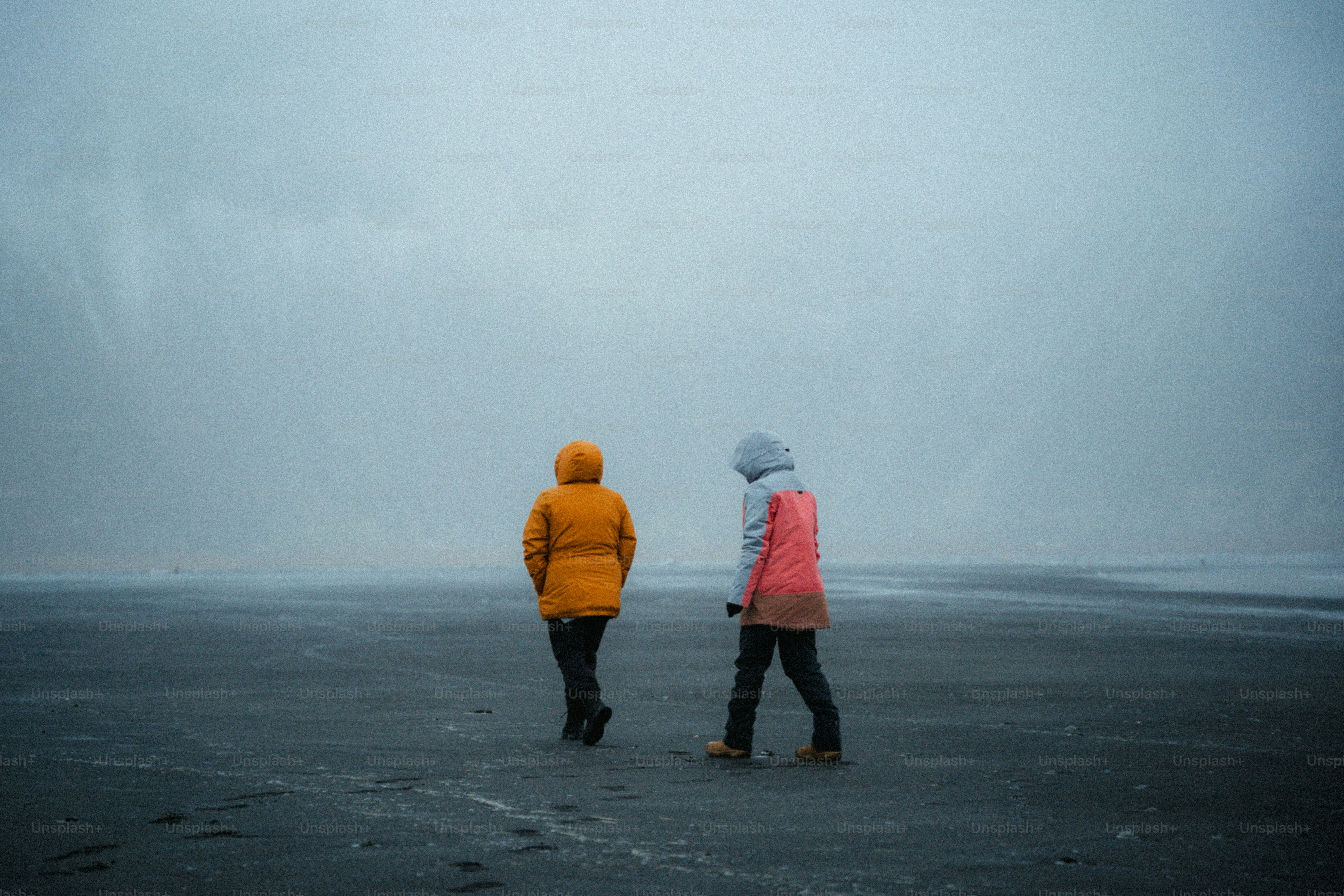 Two people walking on a foggy beach.