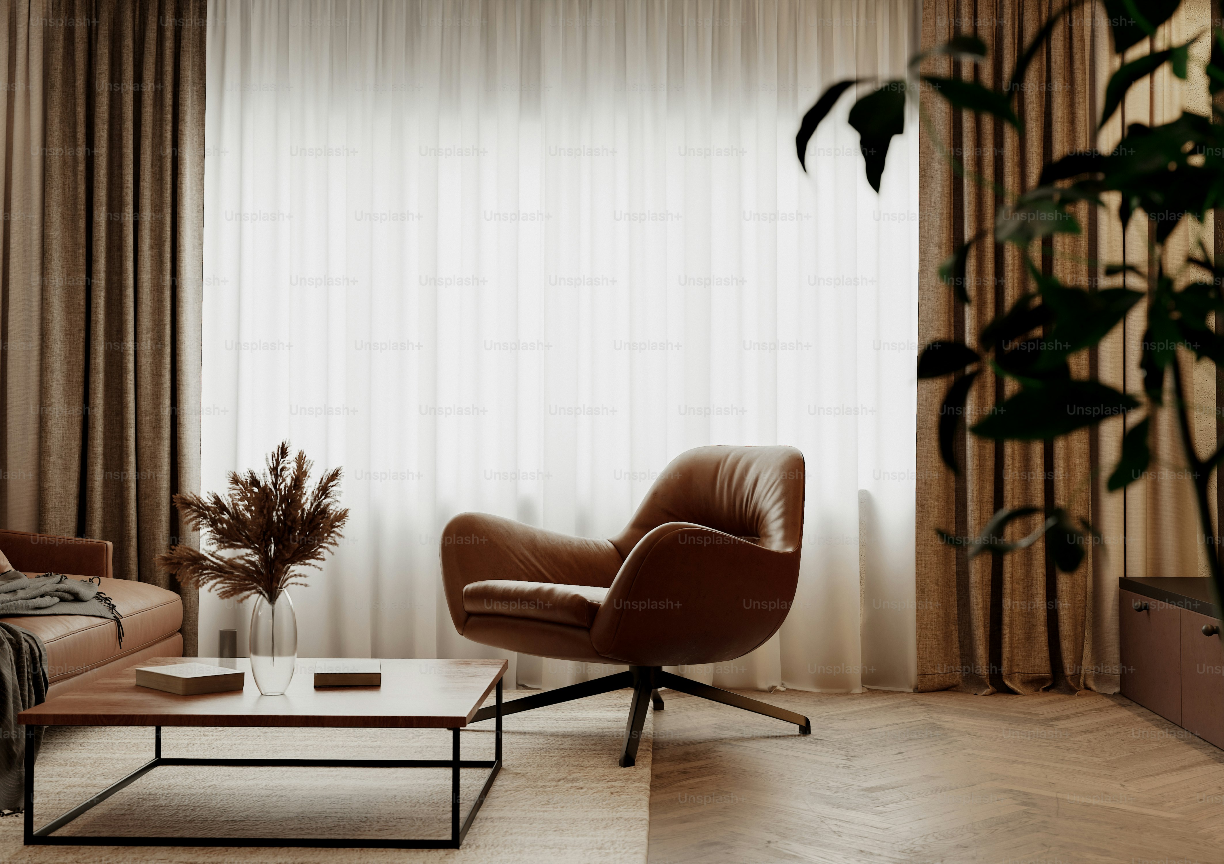 Modern living room with brown armchair and coffee table photo ...
