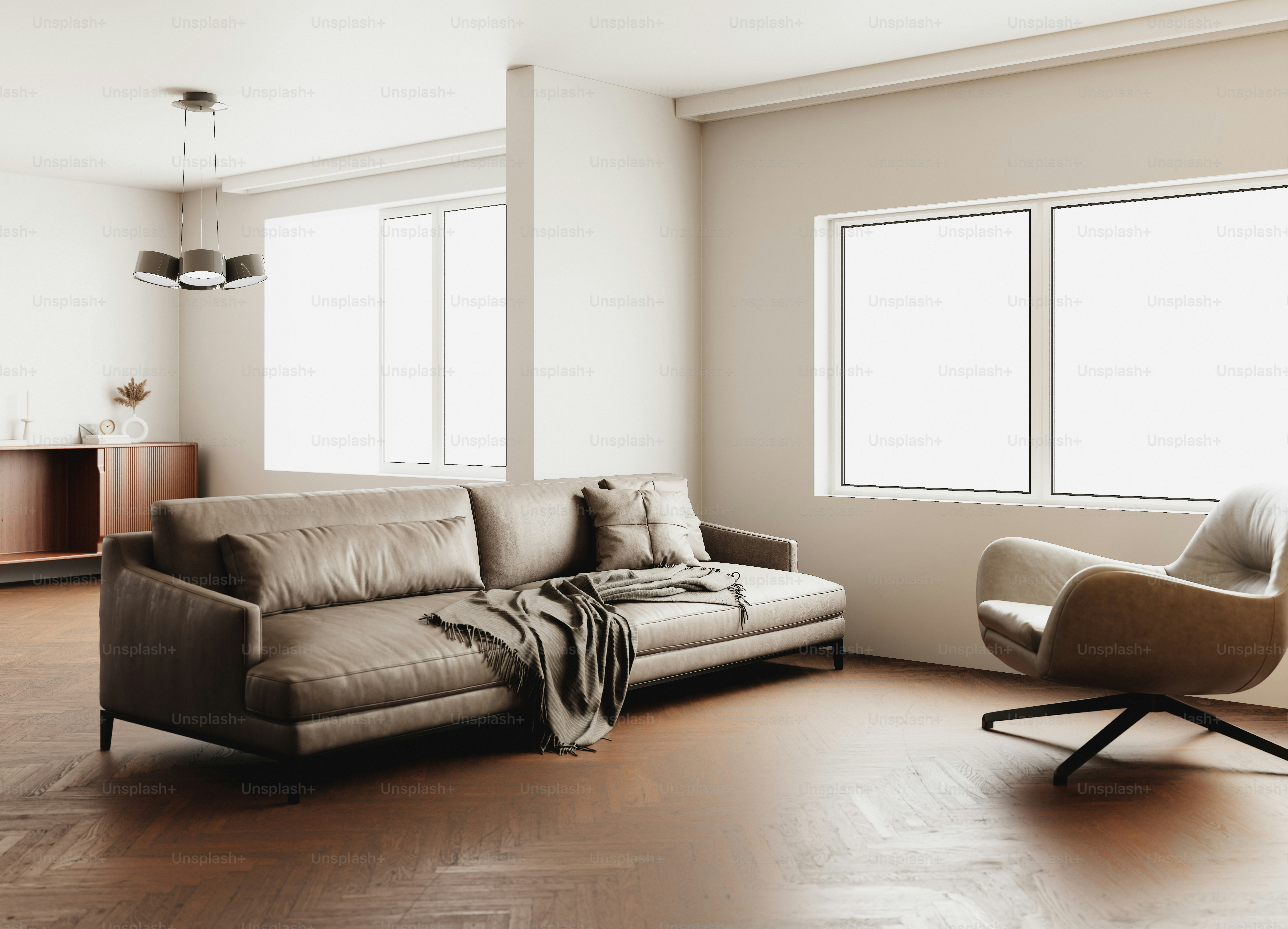 Modern living room with leather sofa and armchair. photo – Interior ...