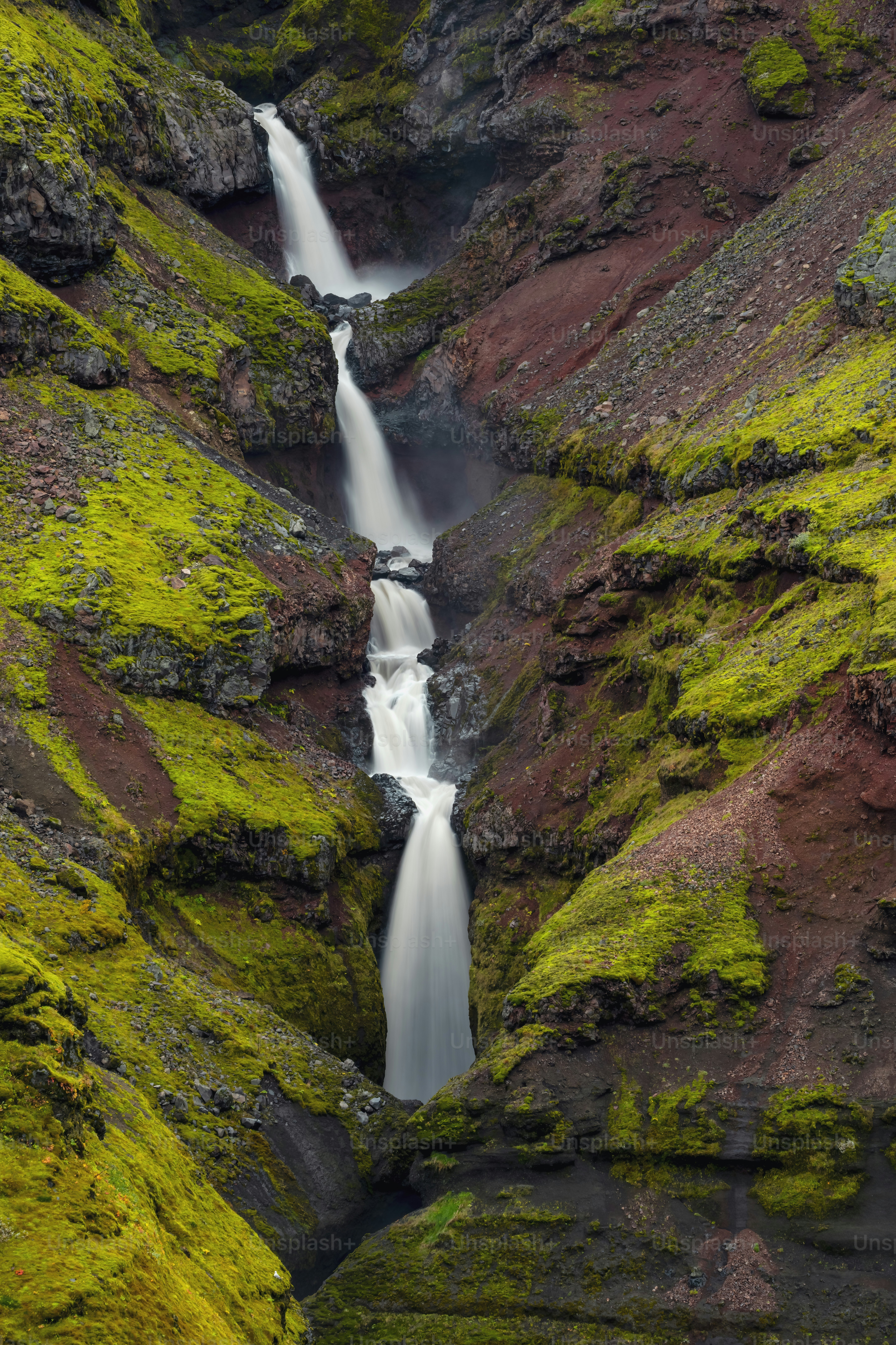 Des cascades d’eau coulent à travers des gorges rocheuses et mousseuses