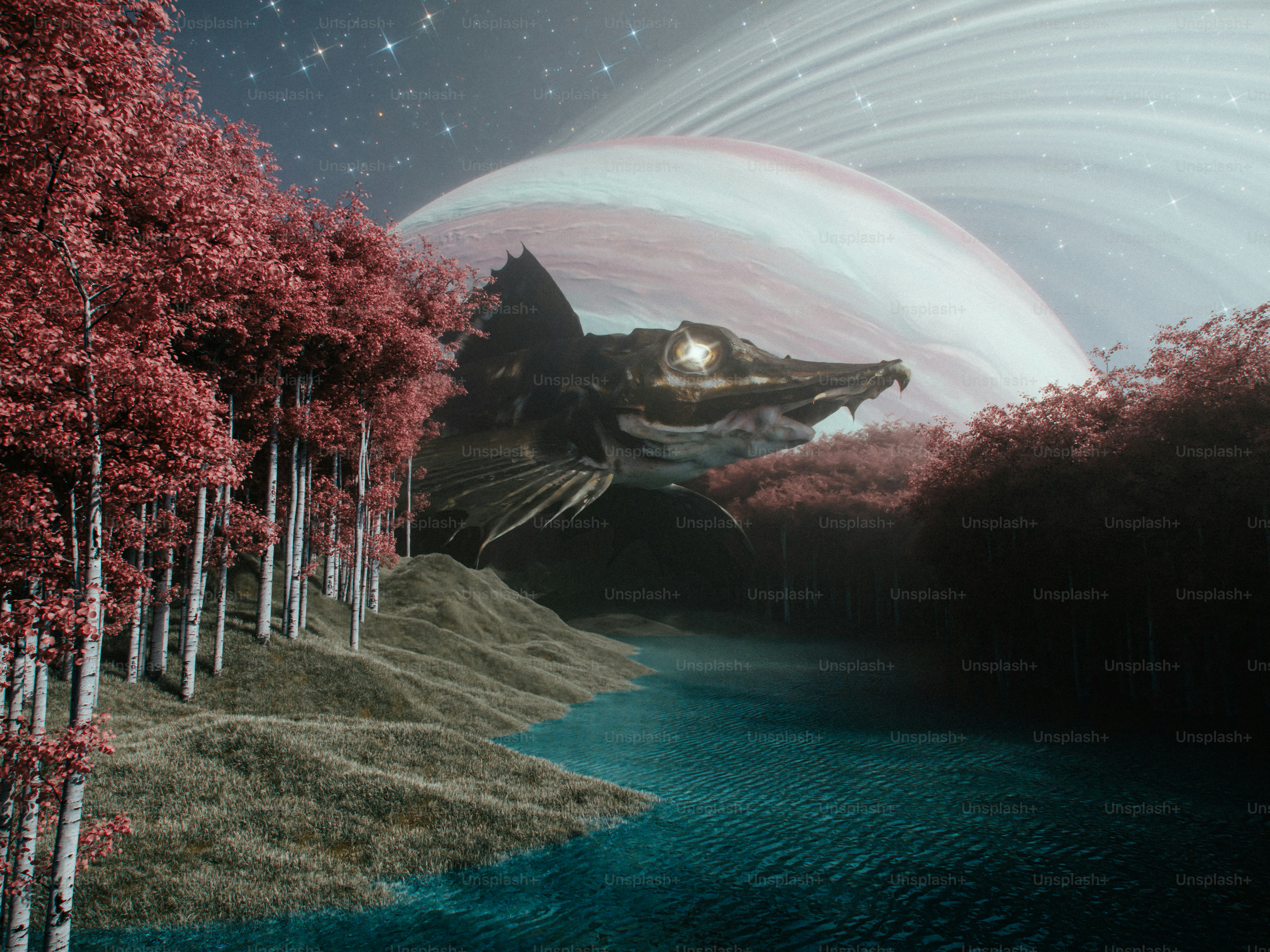 Paysage extraterrestre avec des arbres roses et une planète