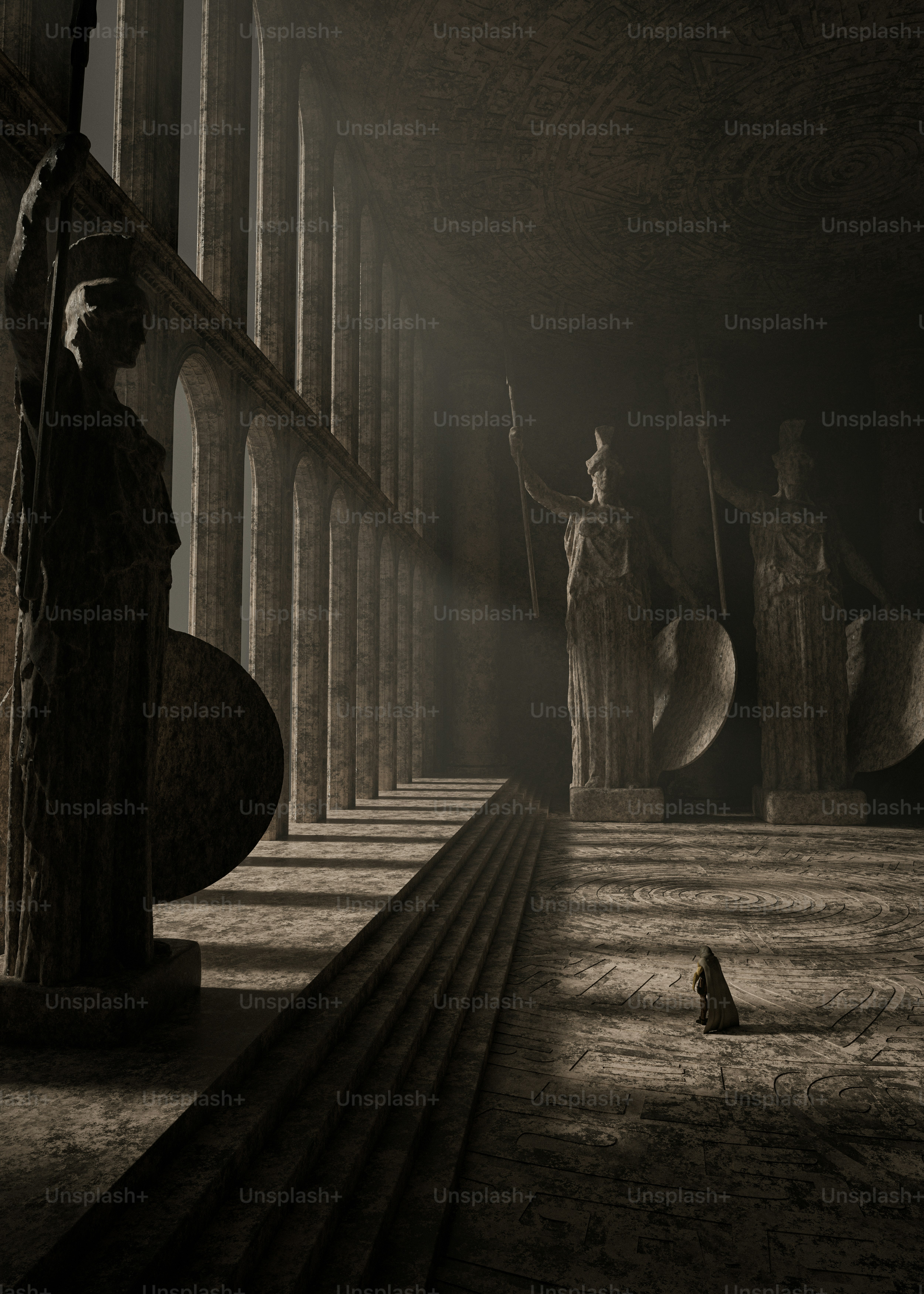 Ancient hall with statues and a lone figure.