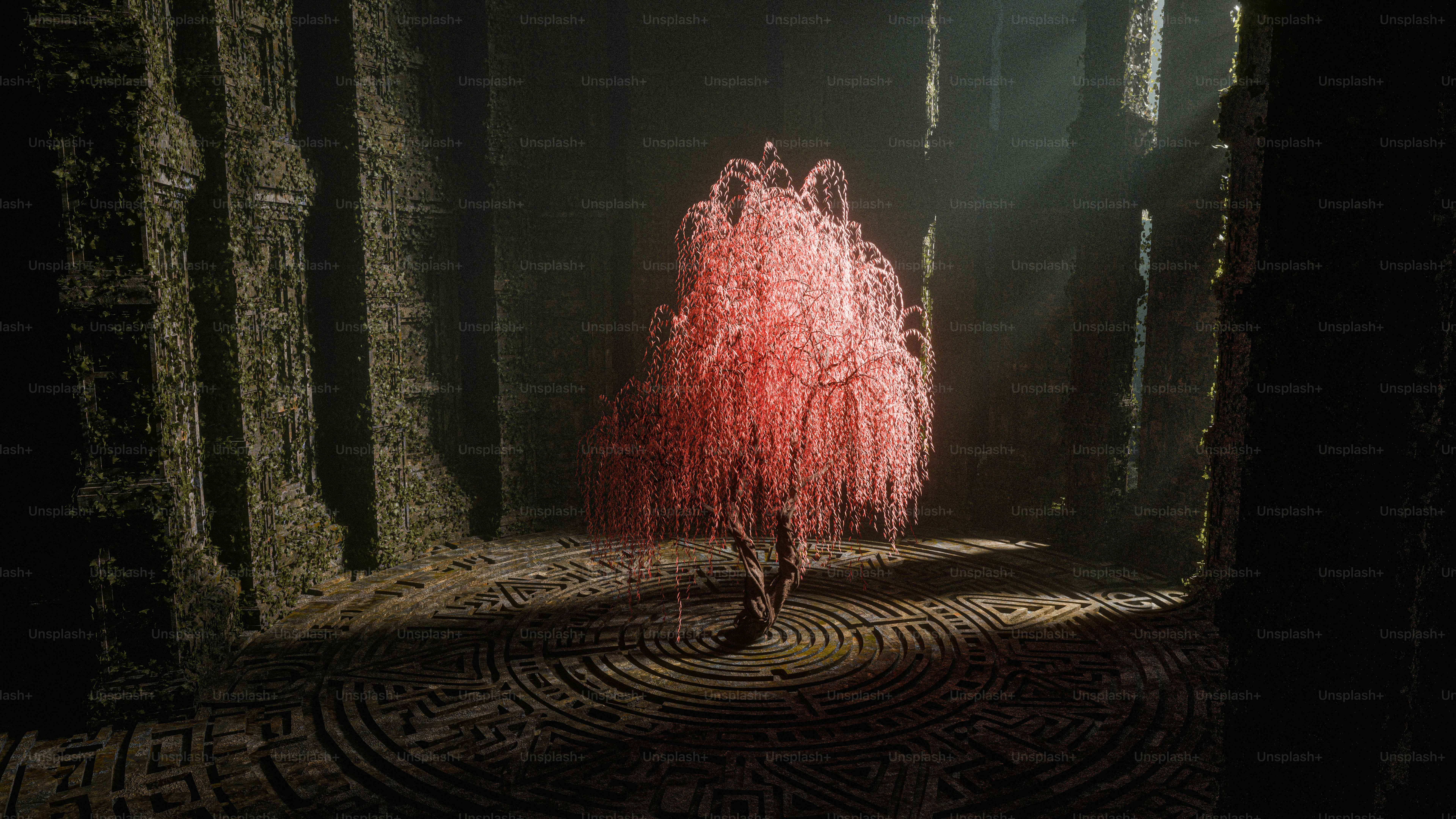 Uma árvore rosa brilhante dentro de uma estrutura de pedra.