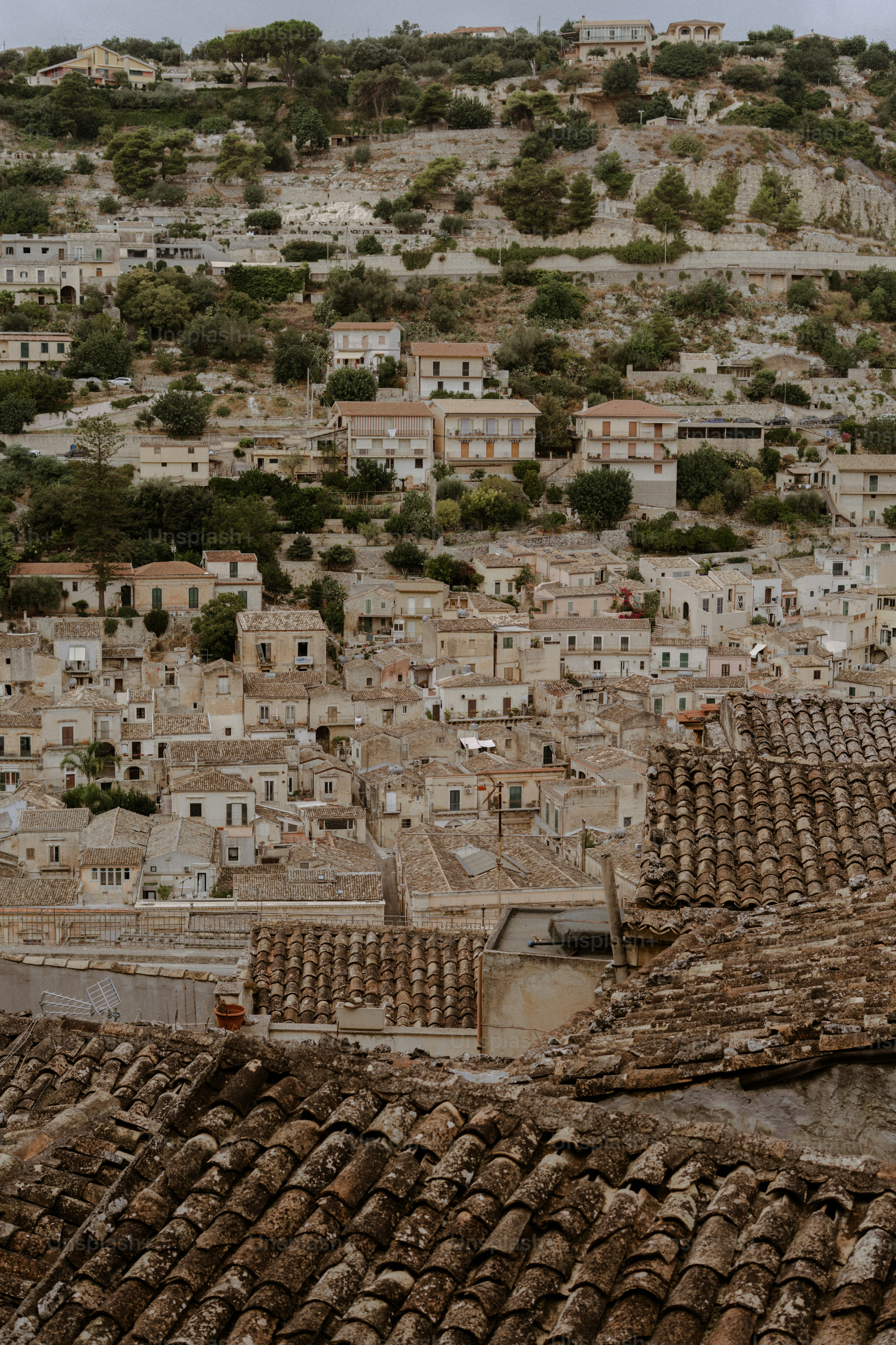 Bergdorf mit Ziegeldächern und verstreuten Bäumen