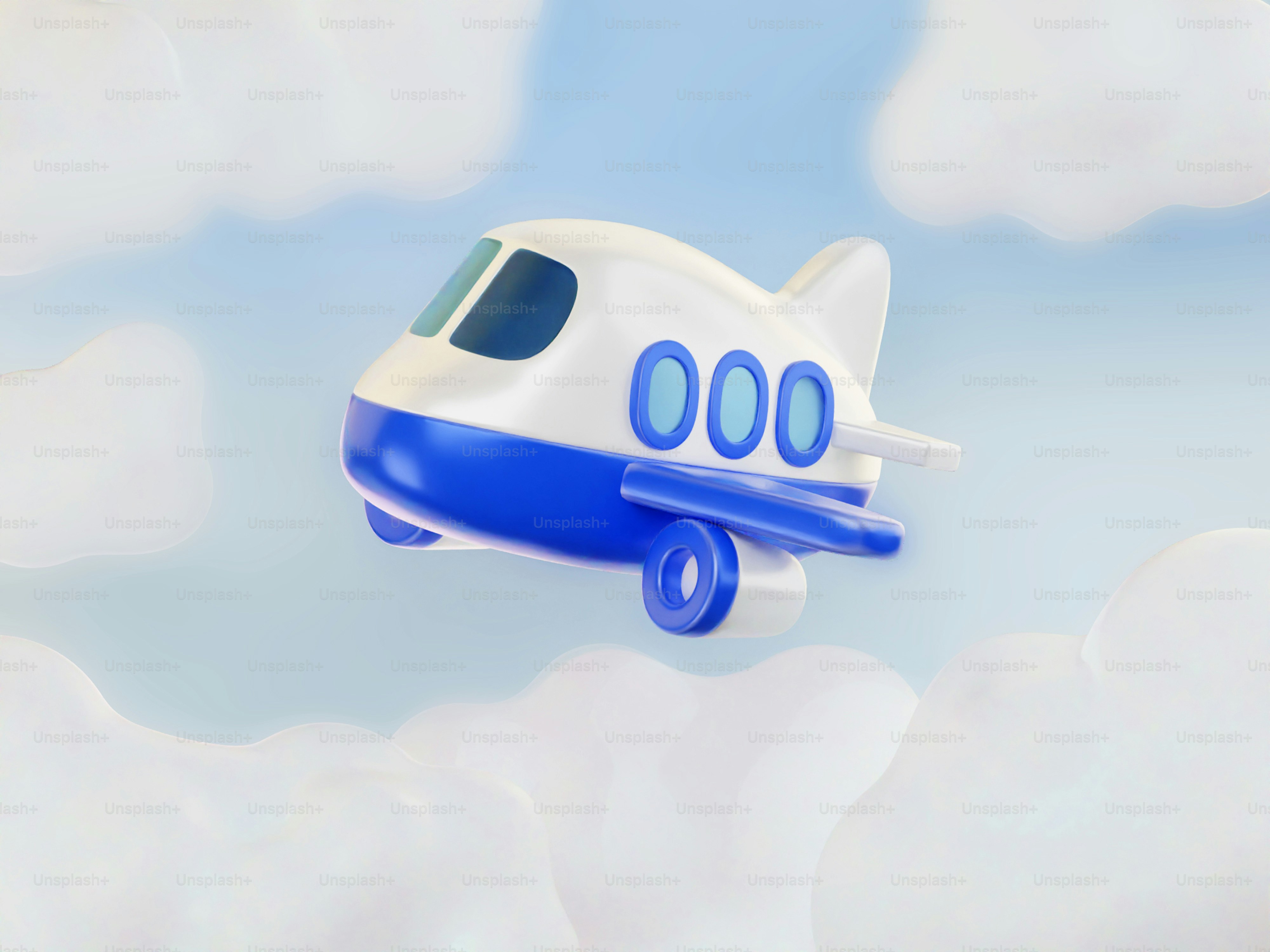 A cartoon airplane flies through fluffy clouds.
