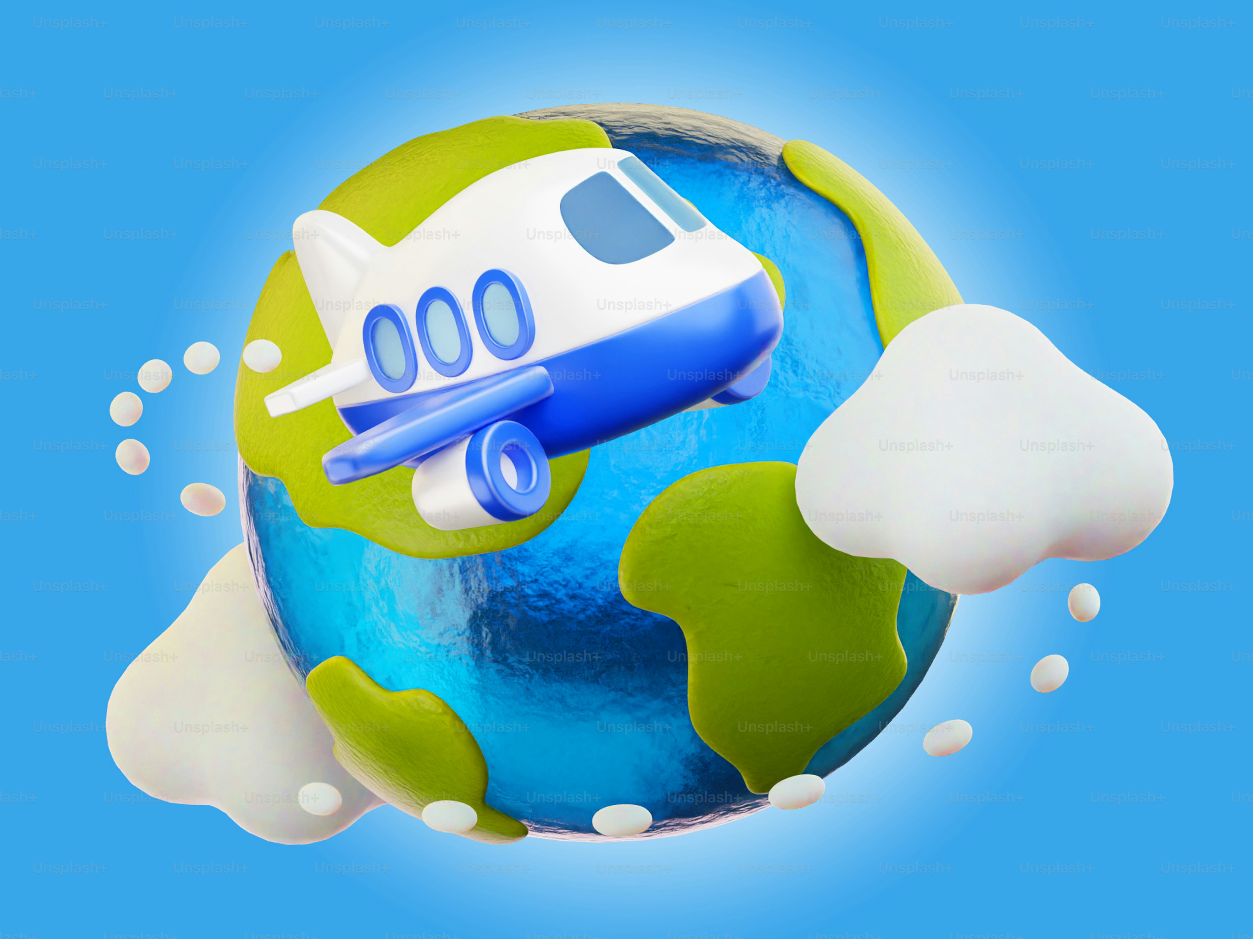 Avión dando la vuelta al mundo con nubes.