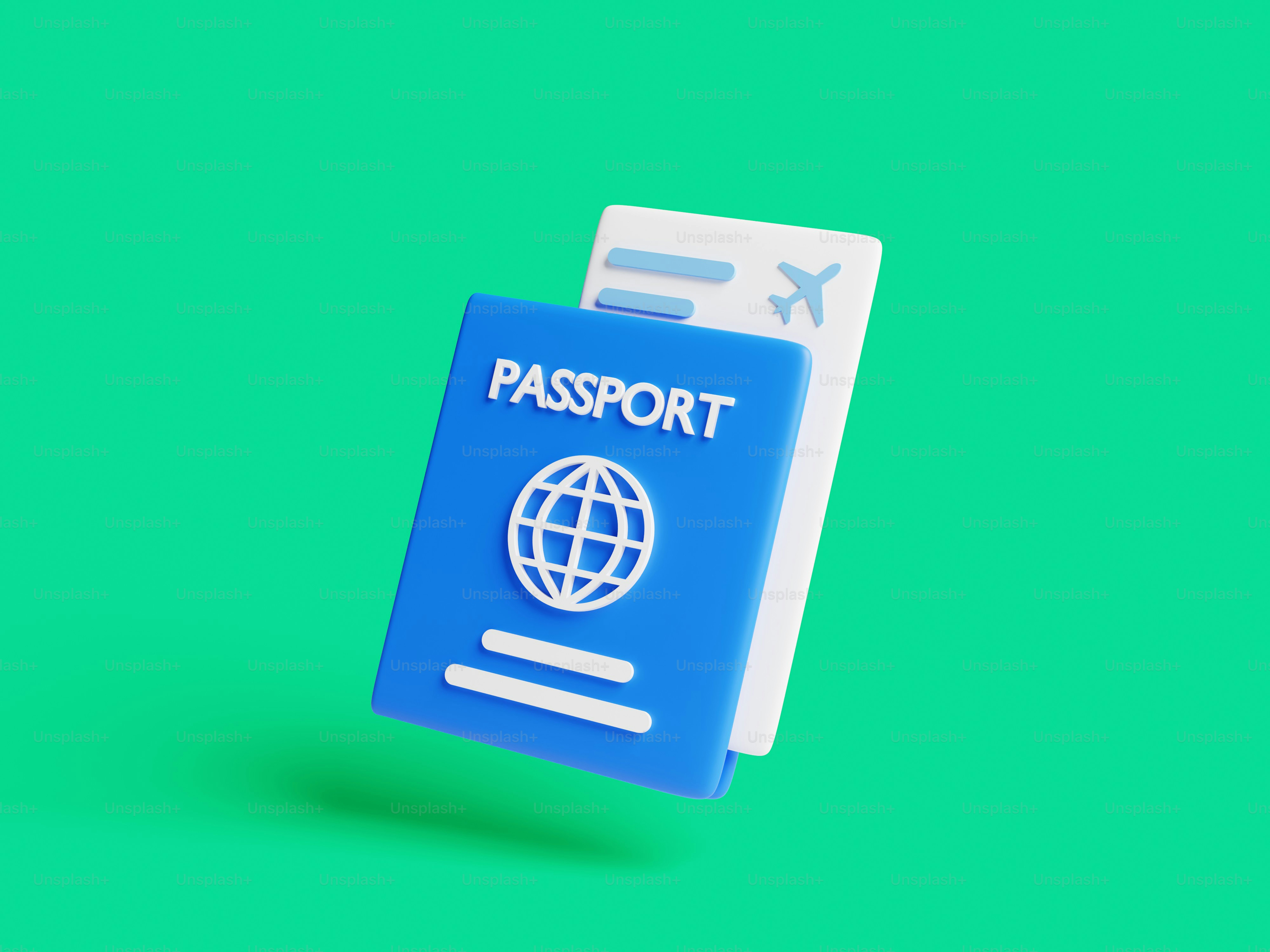 A blue passport and boarding pass on green background