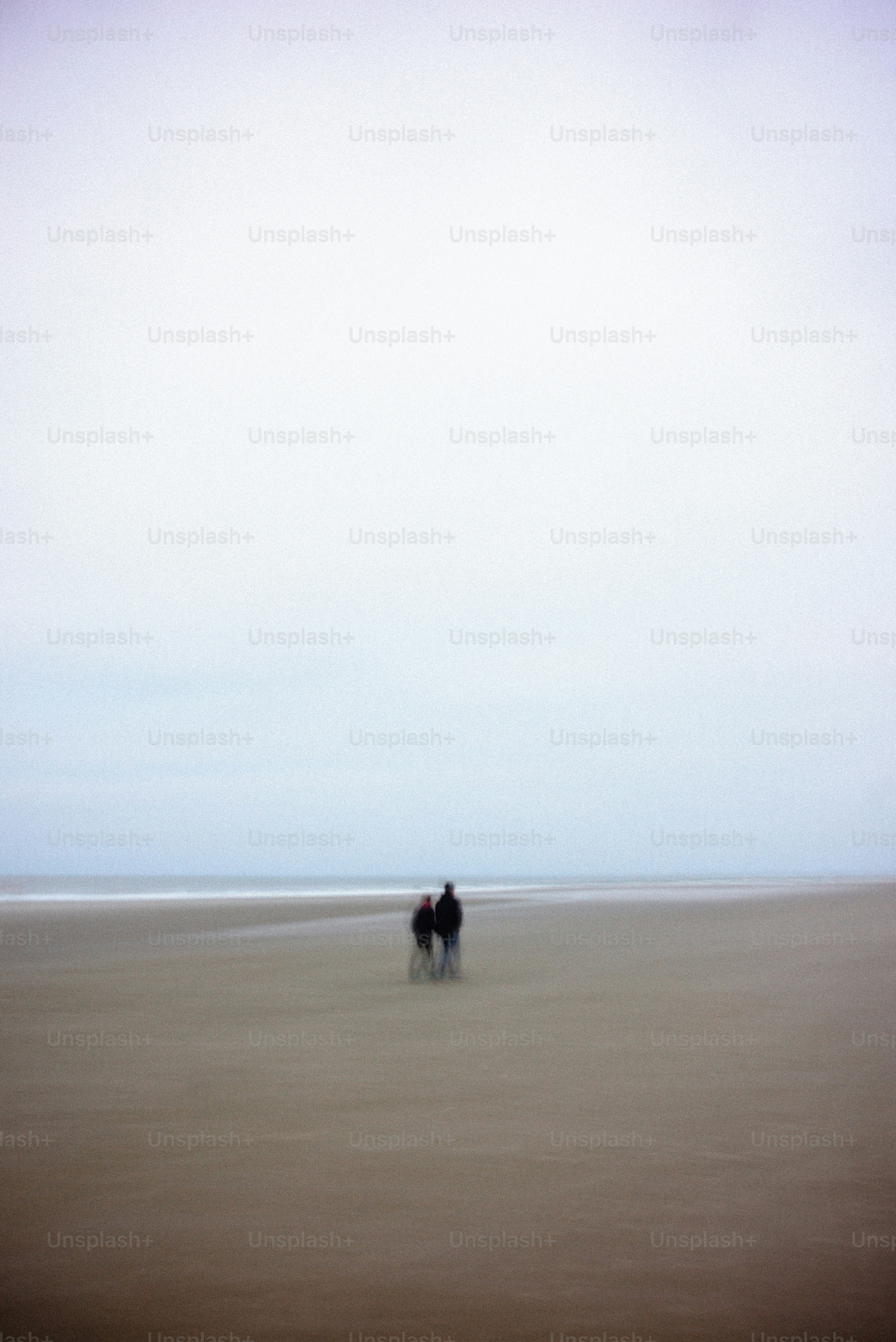 Two figures walk on a vast, empty beach.