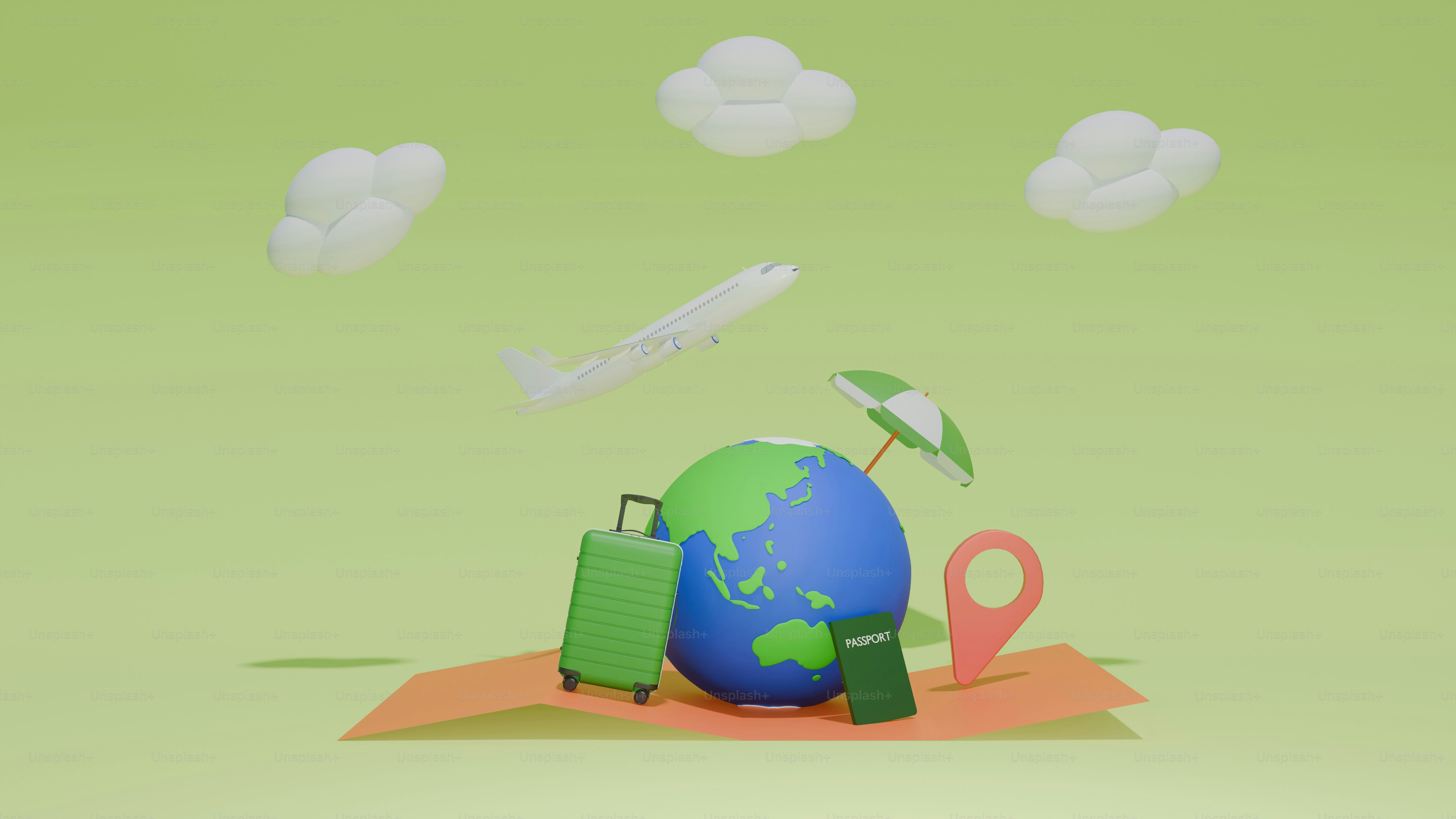 Travel concept with globe, suitcase, and airplane.