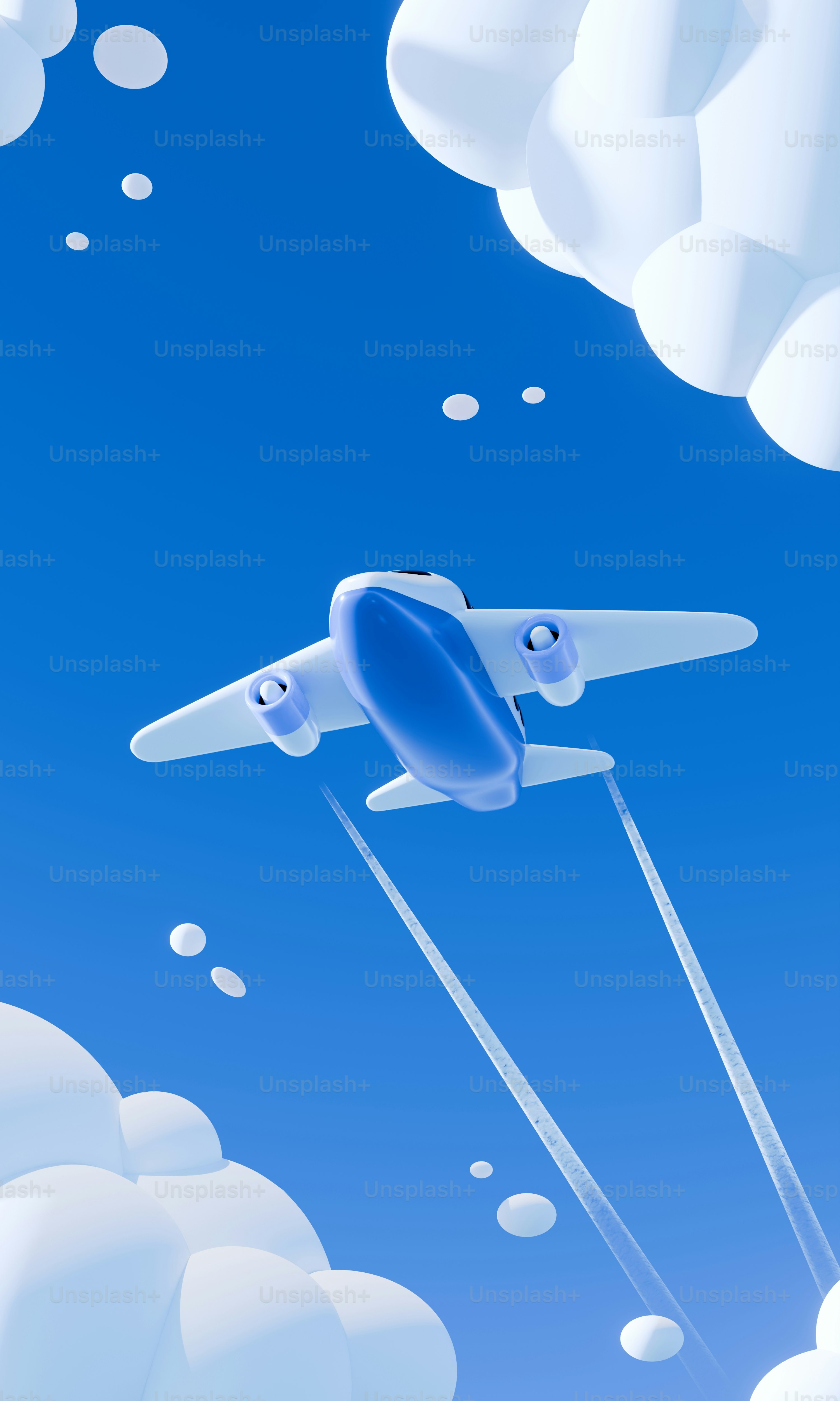 A cartoon airplane flies through a blue sky with clouds.