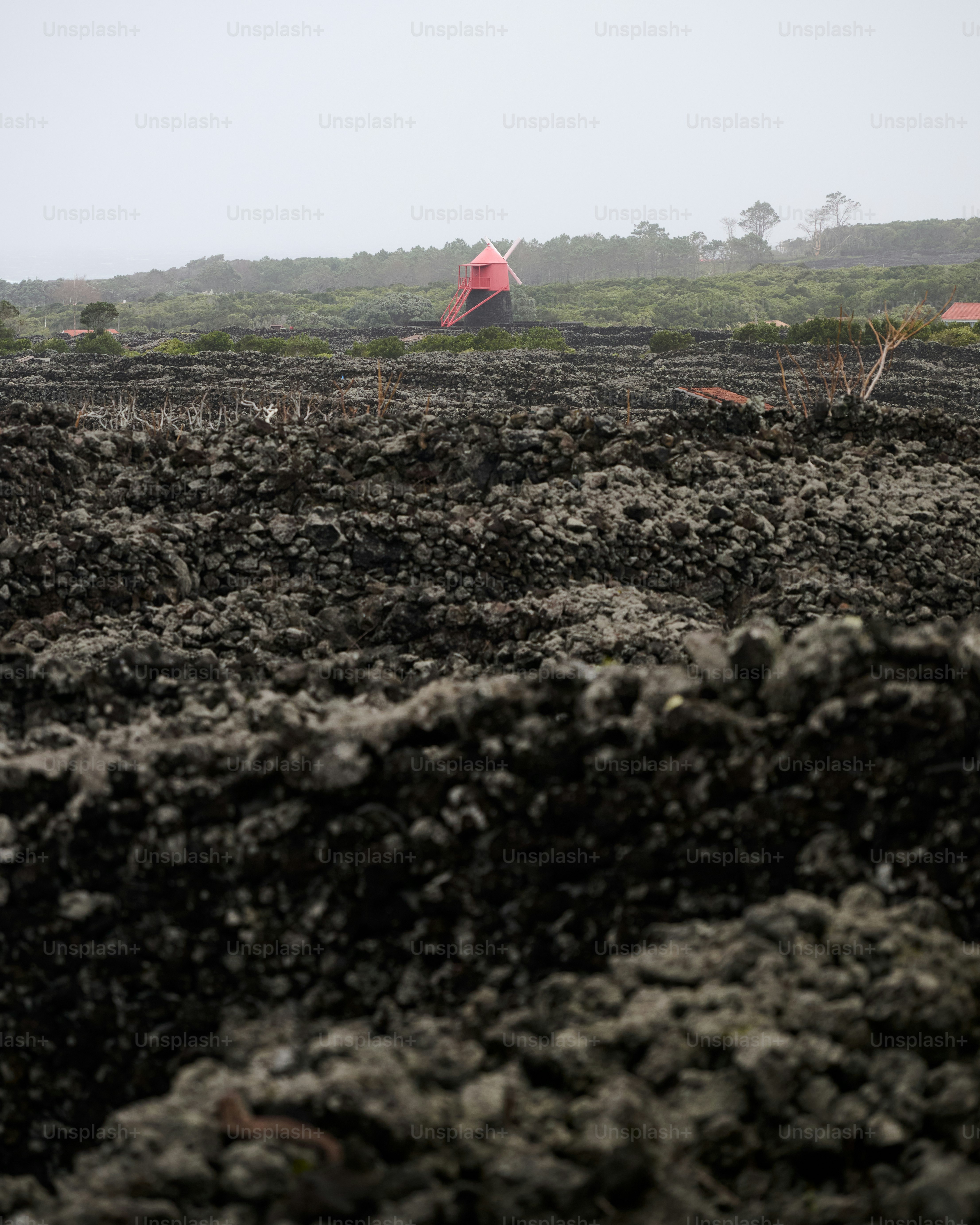 Red tents set up on rocky terrain with fog.