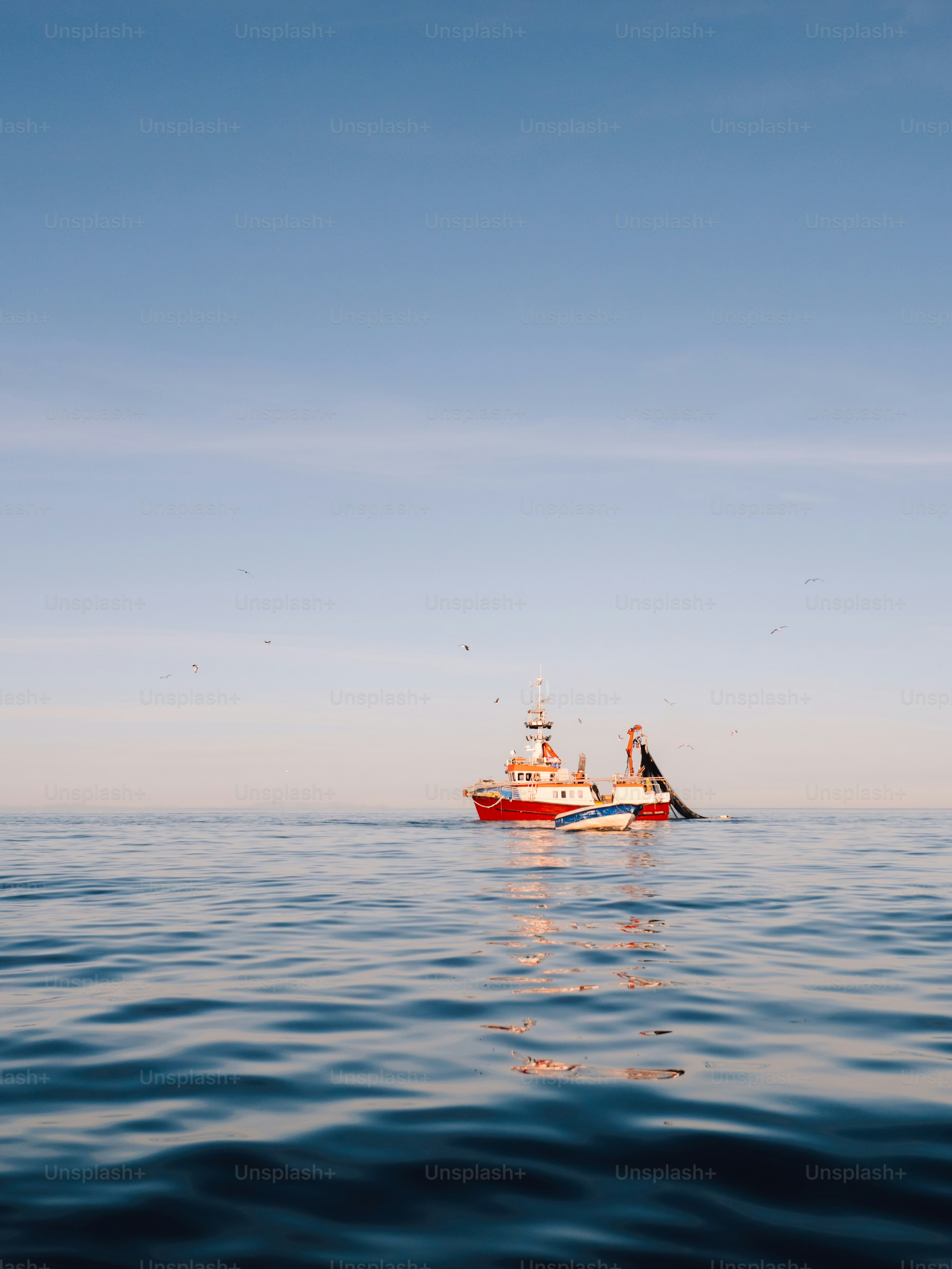 Red fishing boat on calm blue ocean
