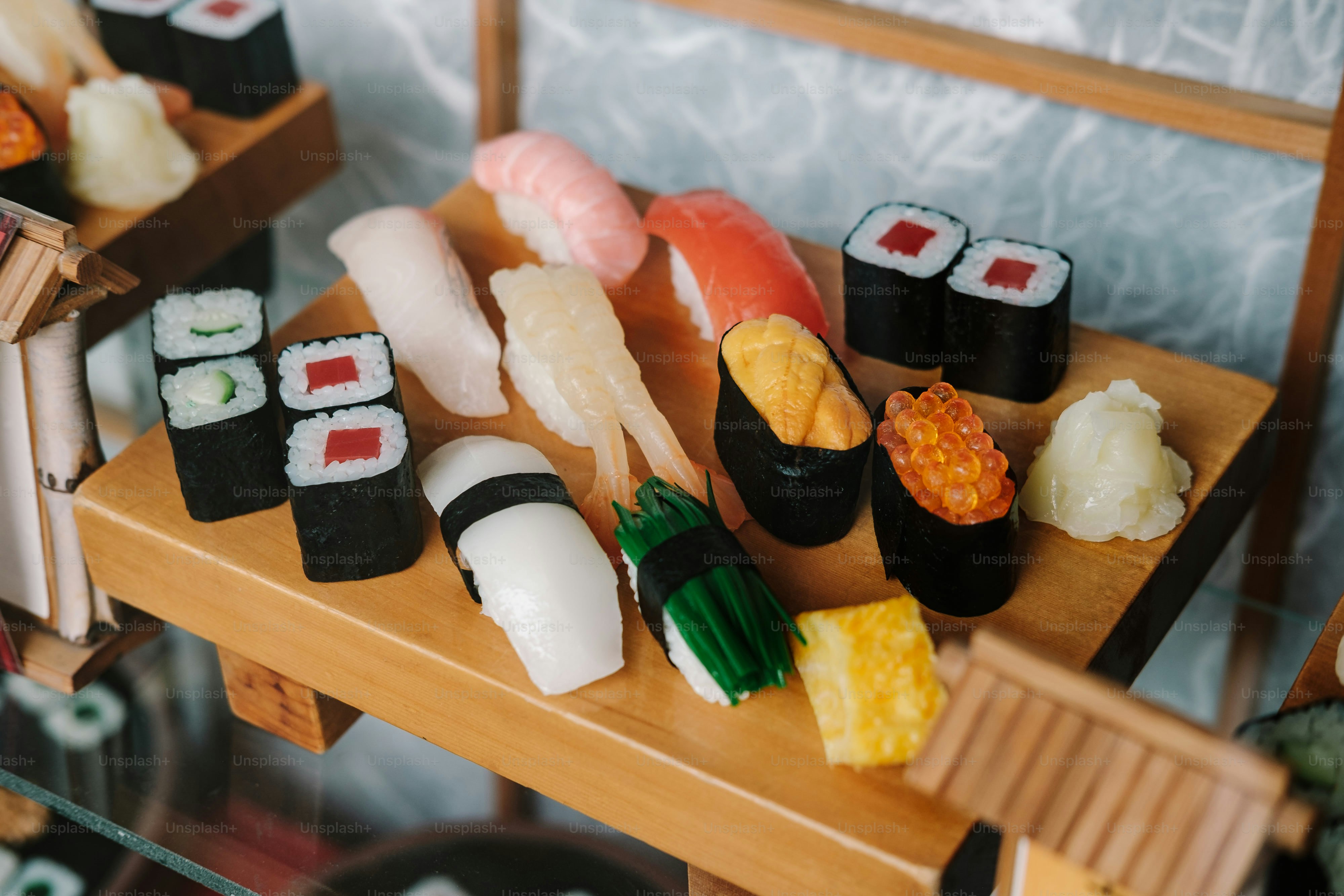Assortment of fresh sushi and maki rolls displayed