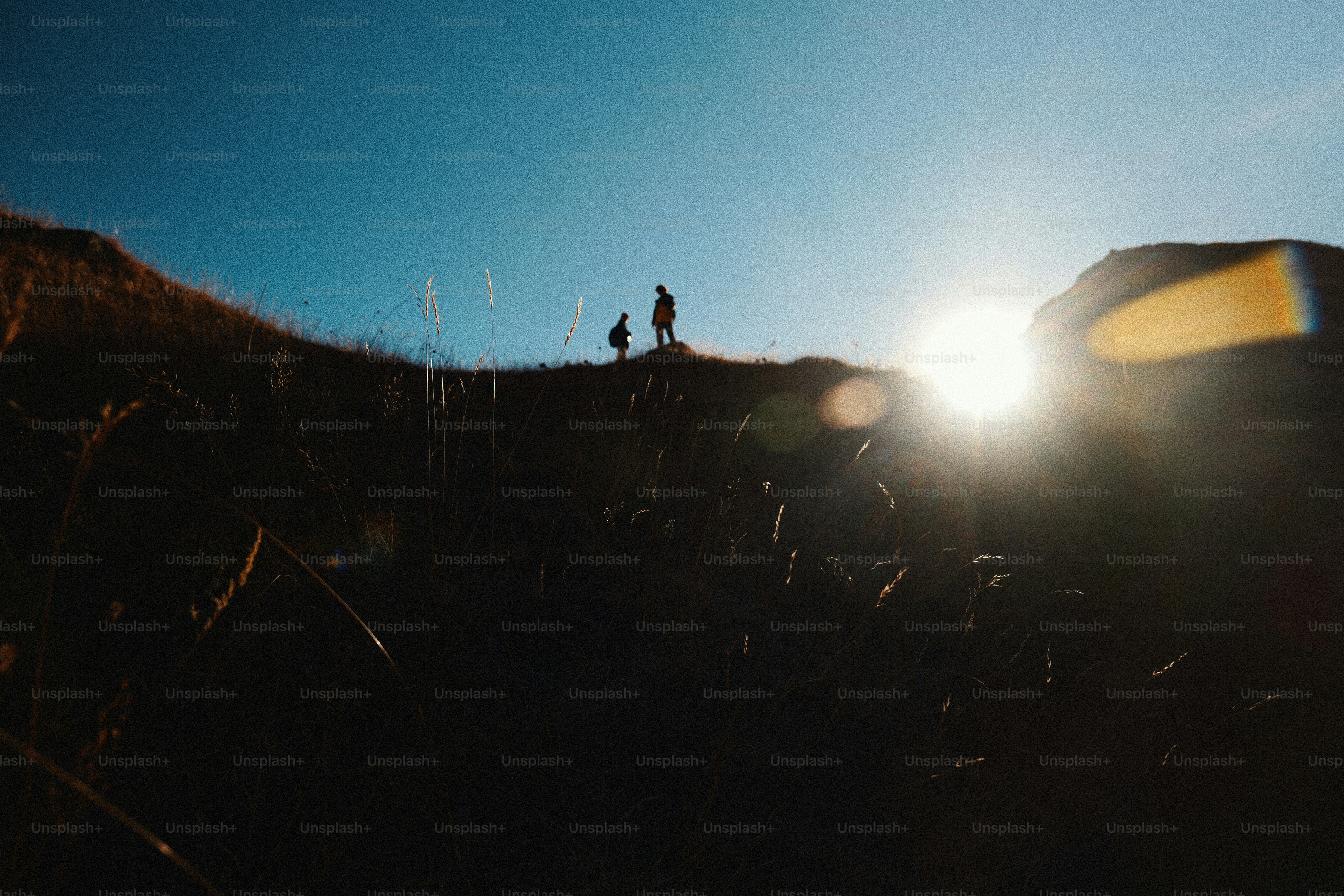 Silhouetted hikers on a sunny mountain trail