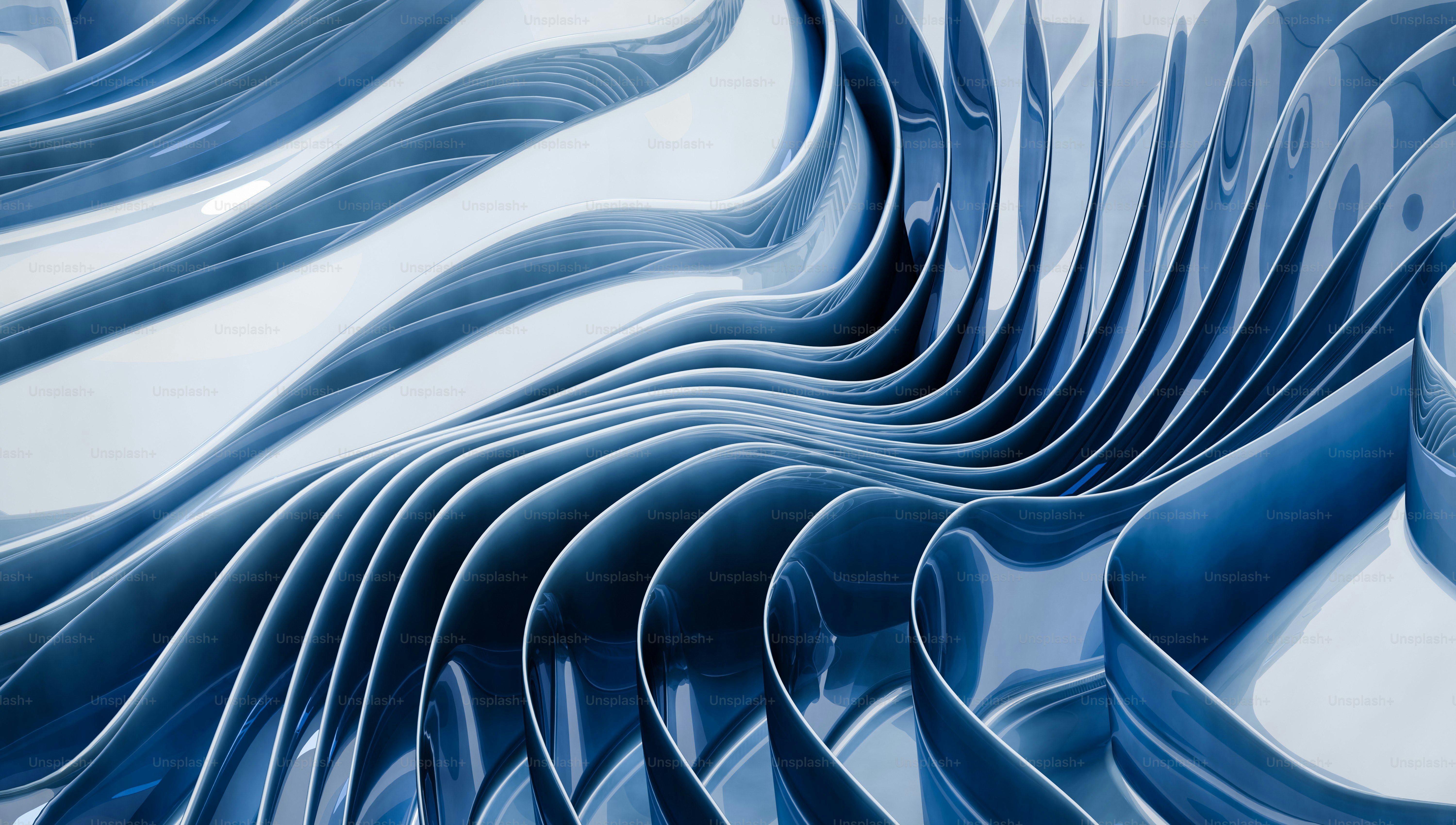 Abstract blue and white wavy metallic shapes