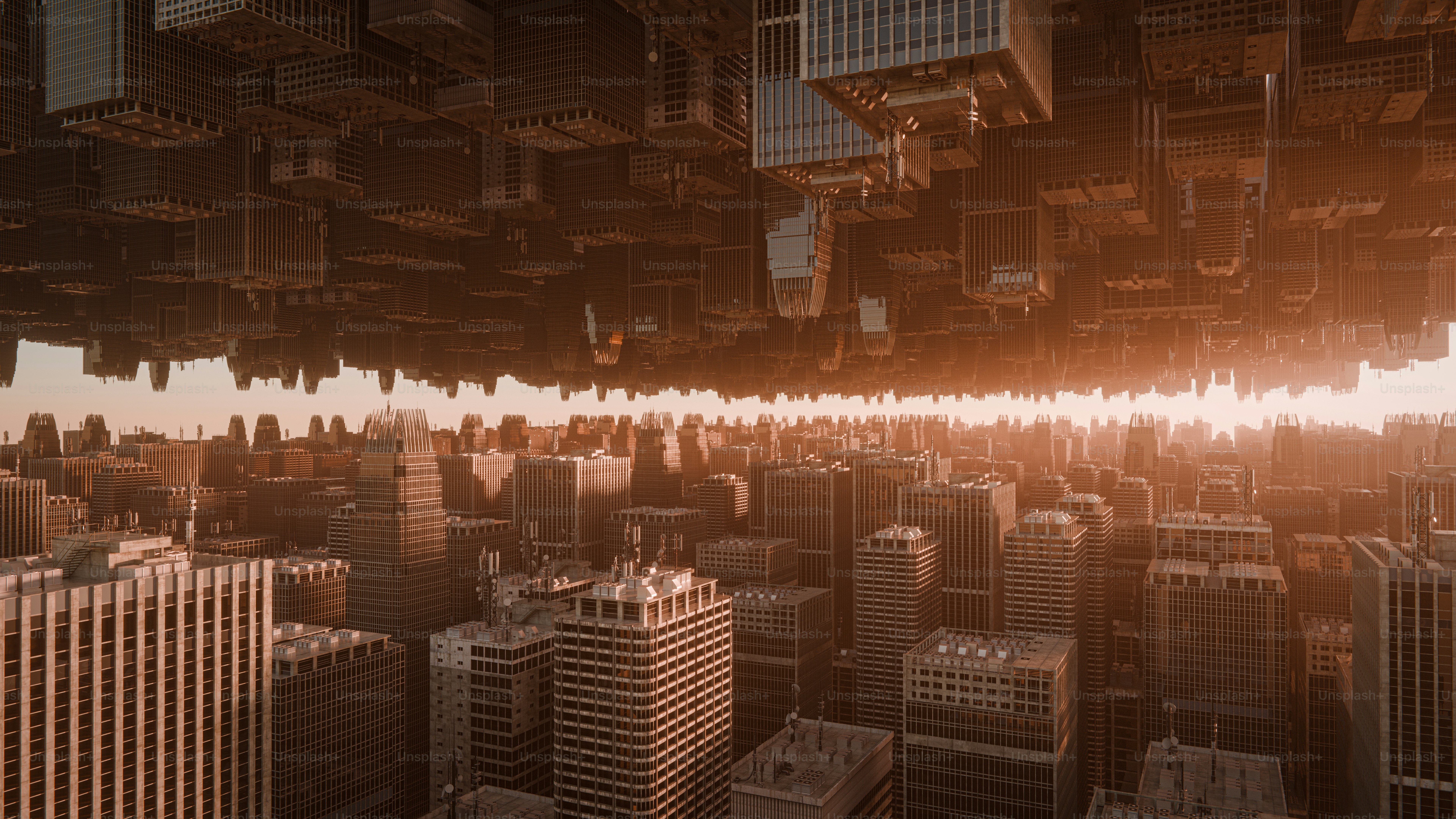 Paisaje urbano al revés durante una cálida puesta de sol