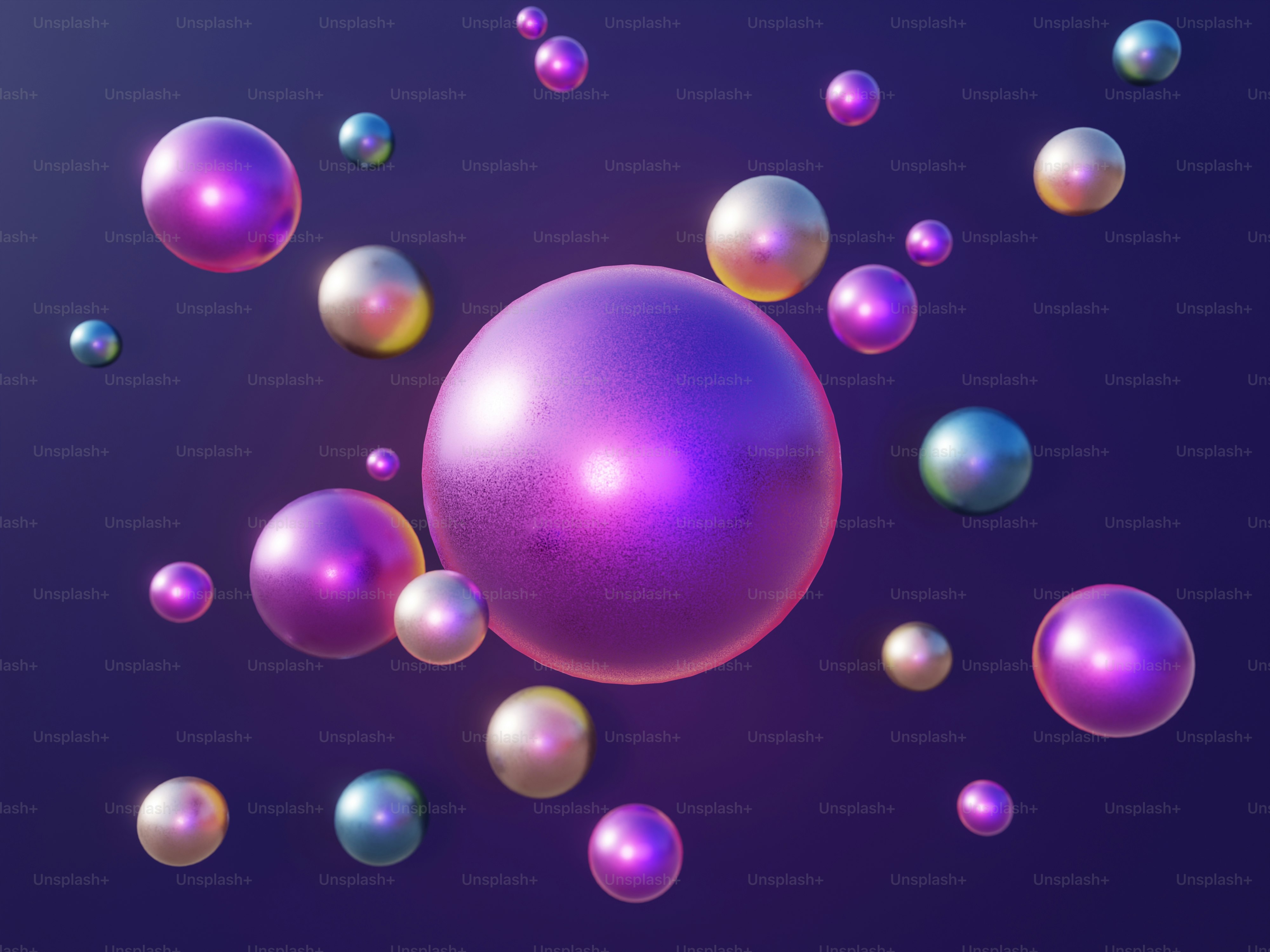 Iridescent spheres floating on a dark blue background photo – Abstract ...
