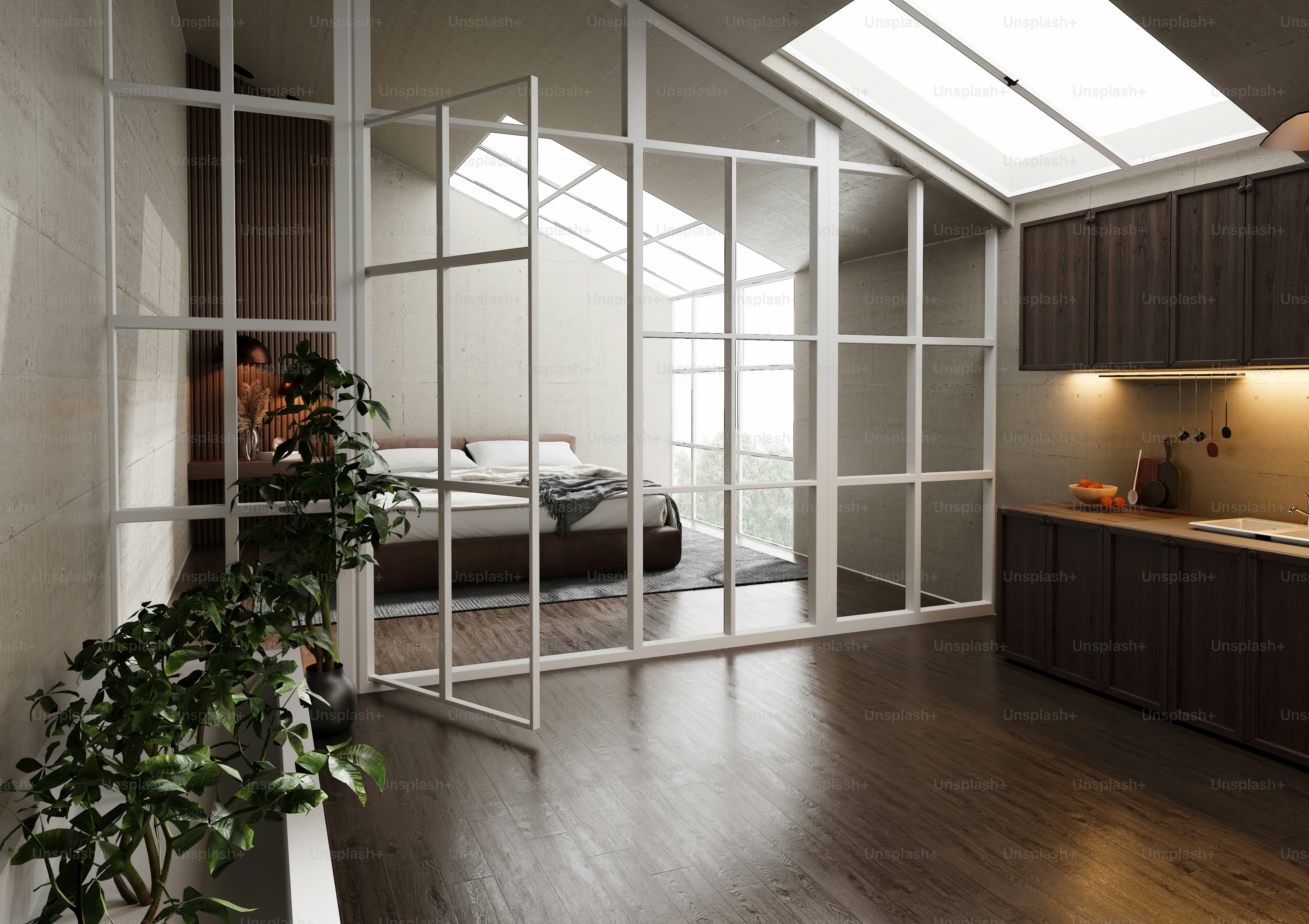 Modern loft apartment with glass partitions and skylights