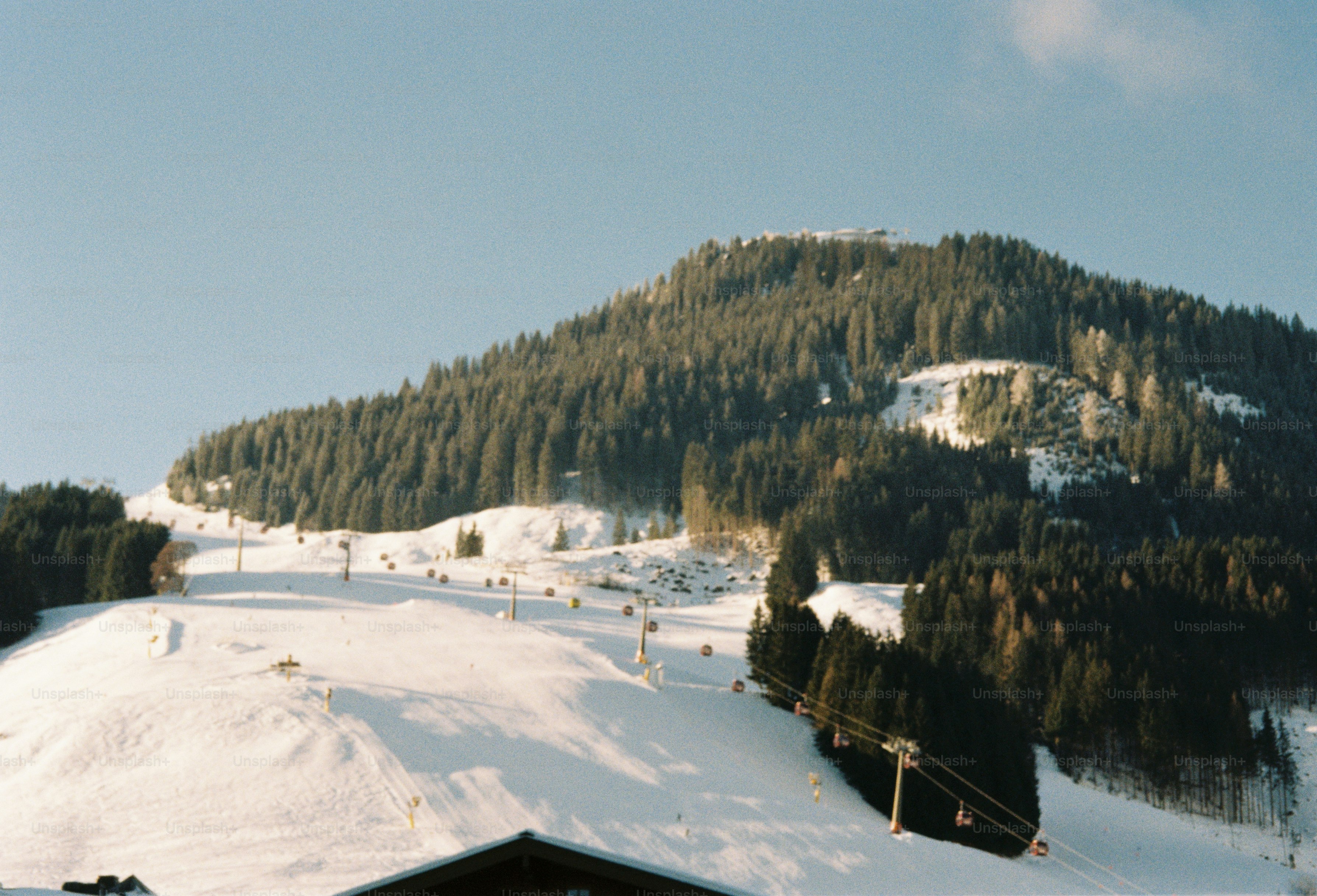 Schneebedeckter Berghang mit Skiliften und Bäumen