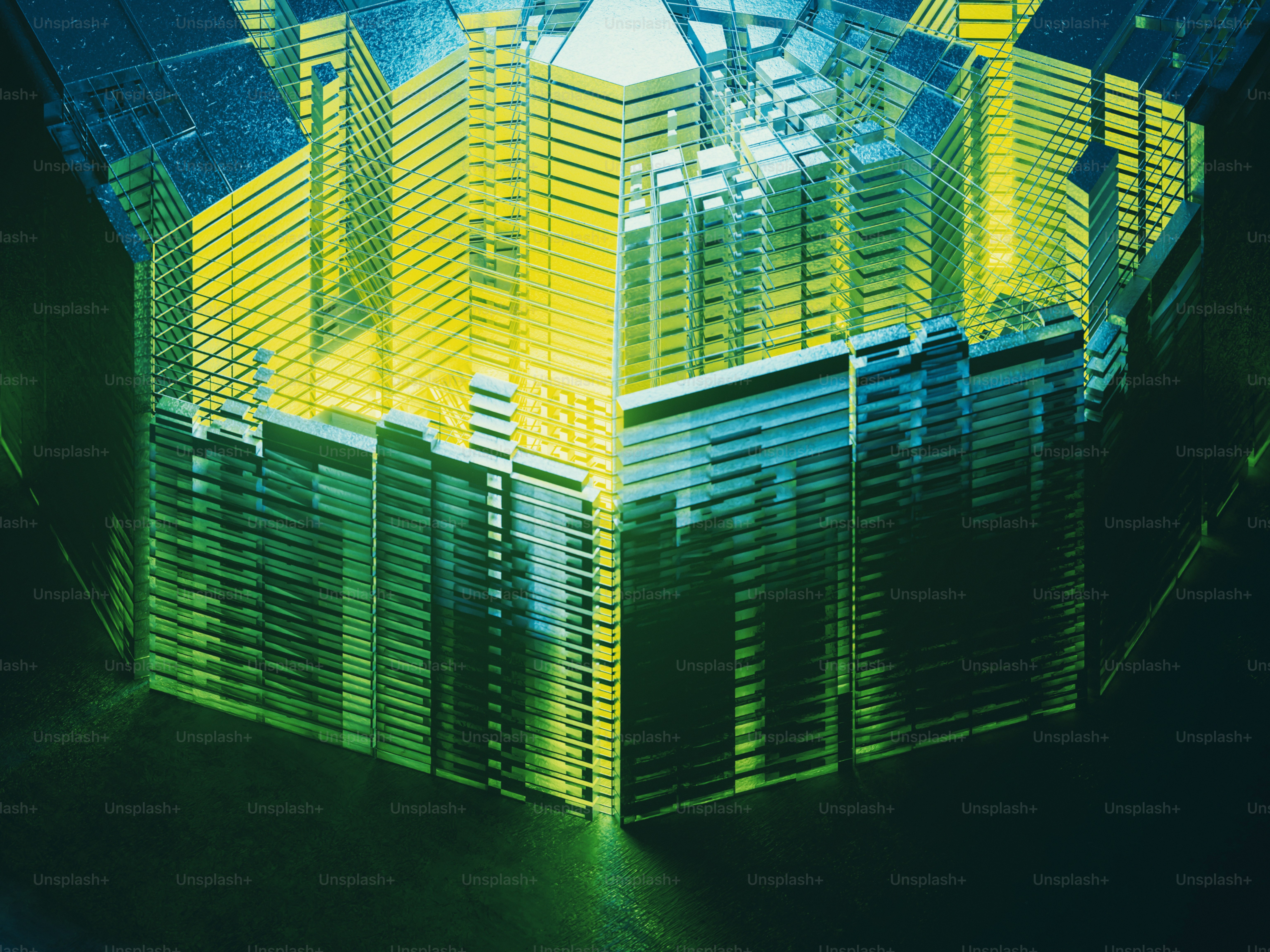 Abstract geometric building with yellow and blue lights photo ...
