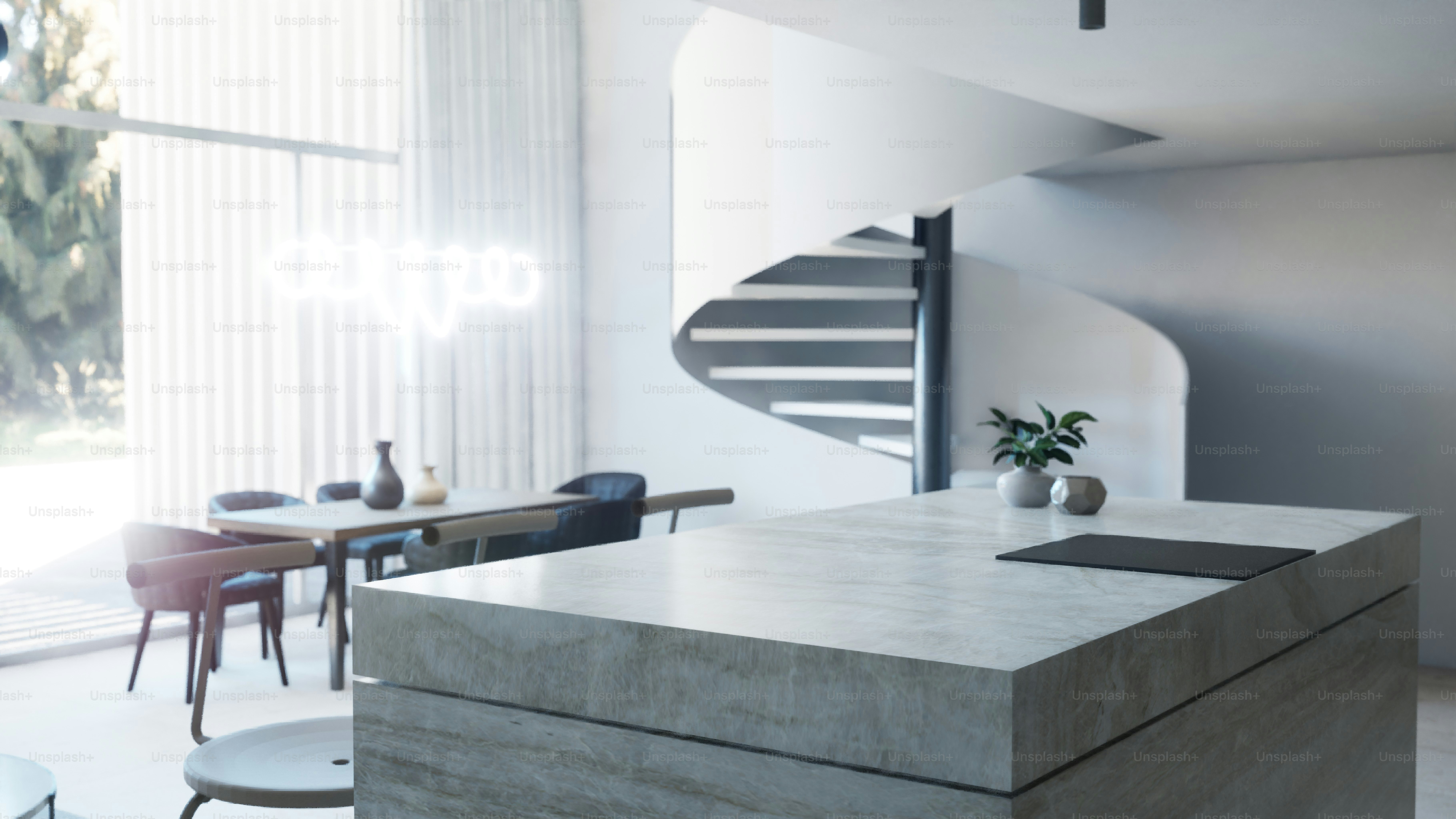 Modern kitchen with island and spiral staircase