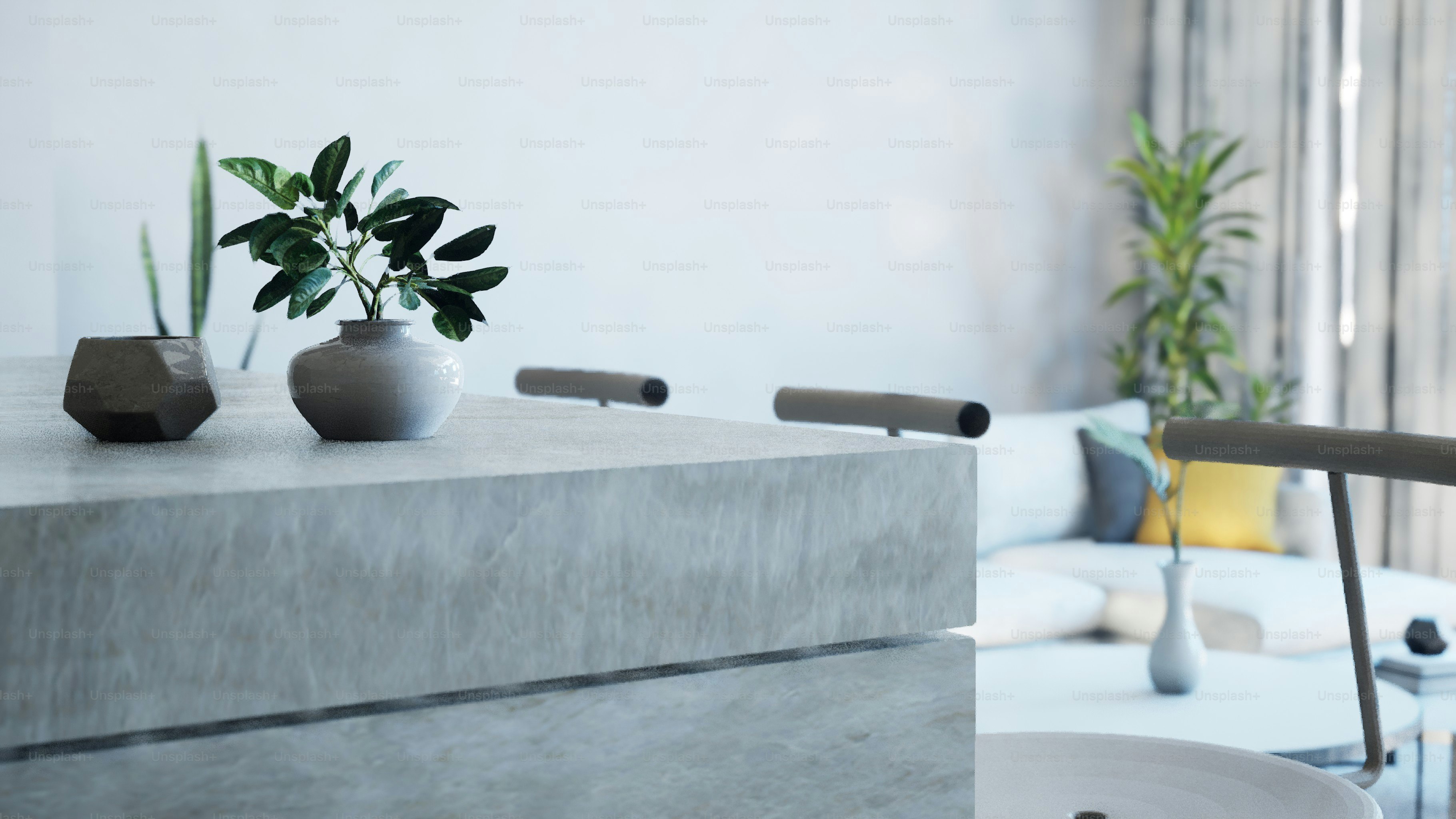 Modern living room with concrete counter and plants.