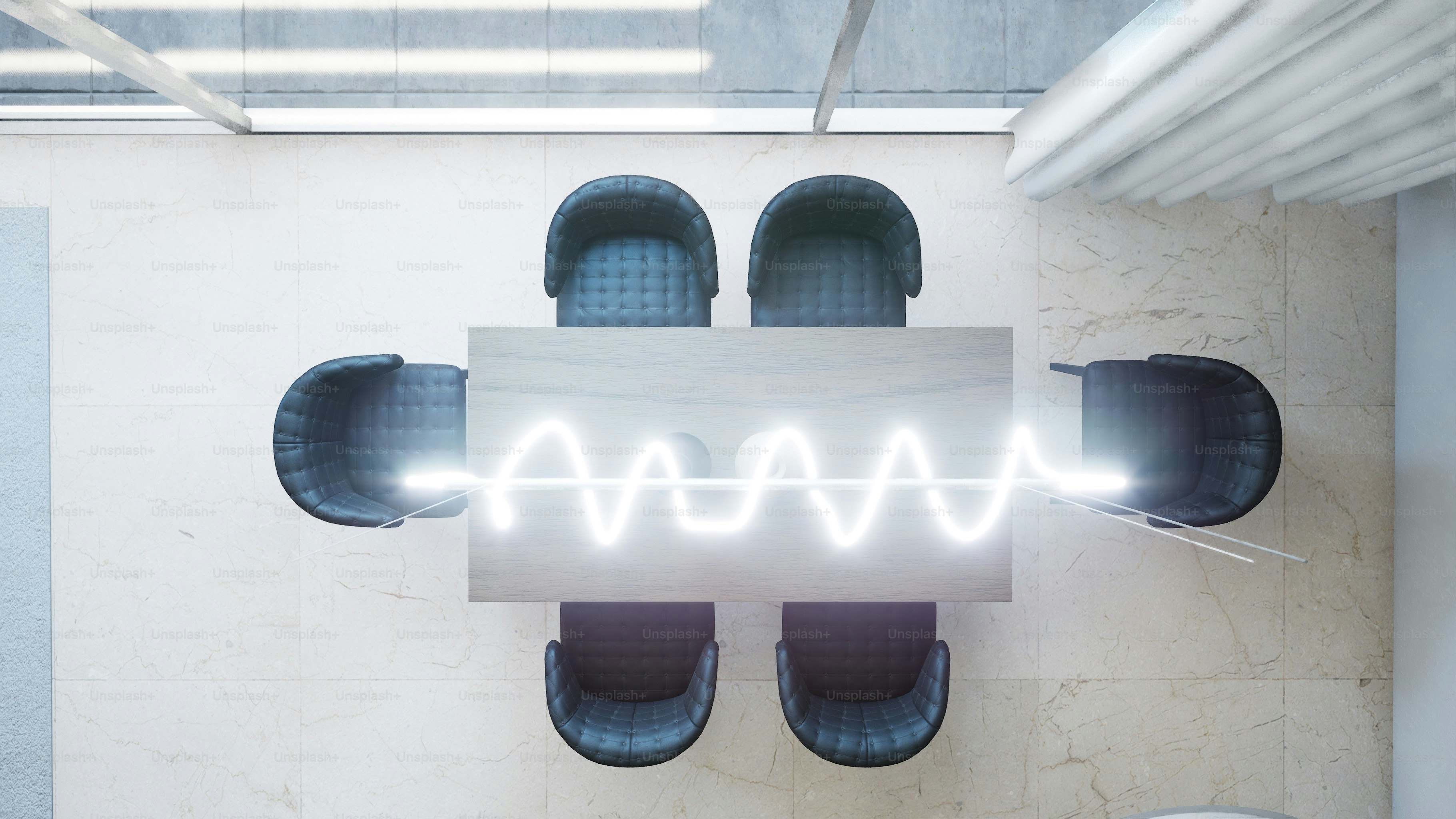 Conference table with glowing energy wave