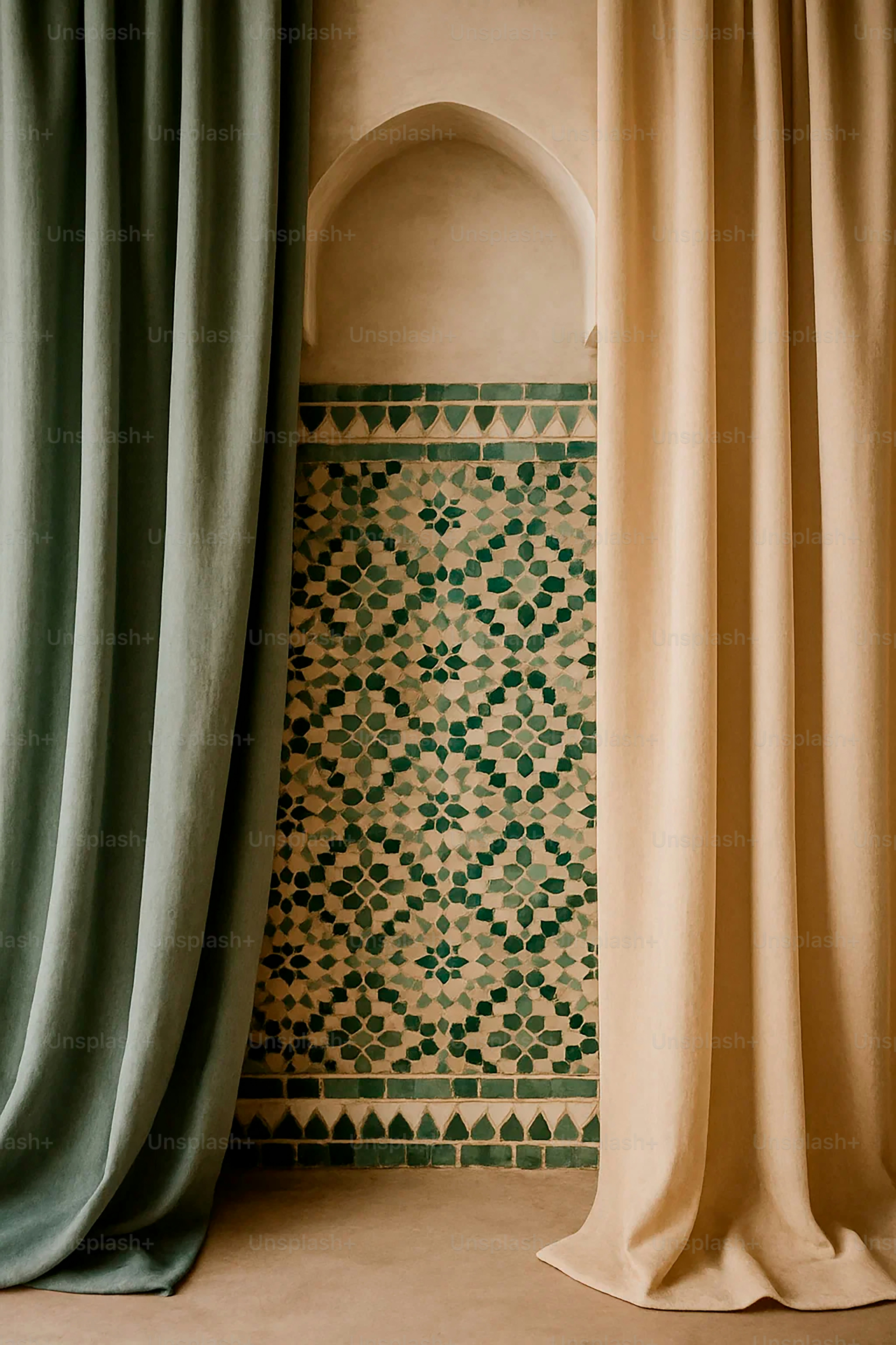 Two curtains frame a moroccan-style tiled wall.