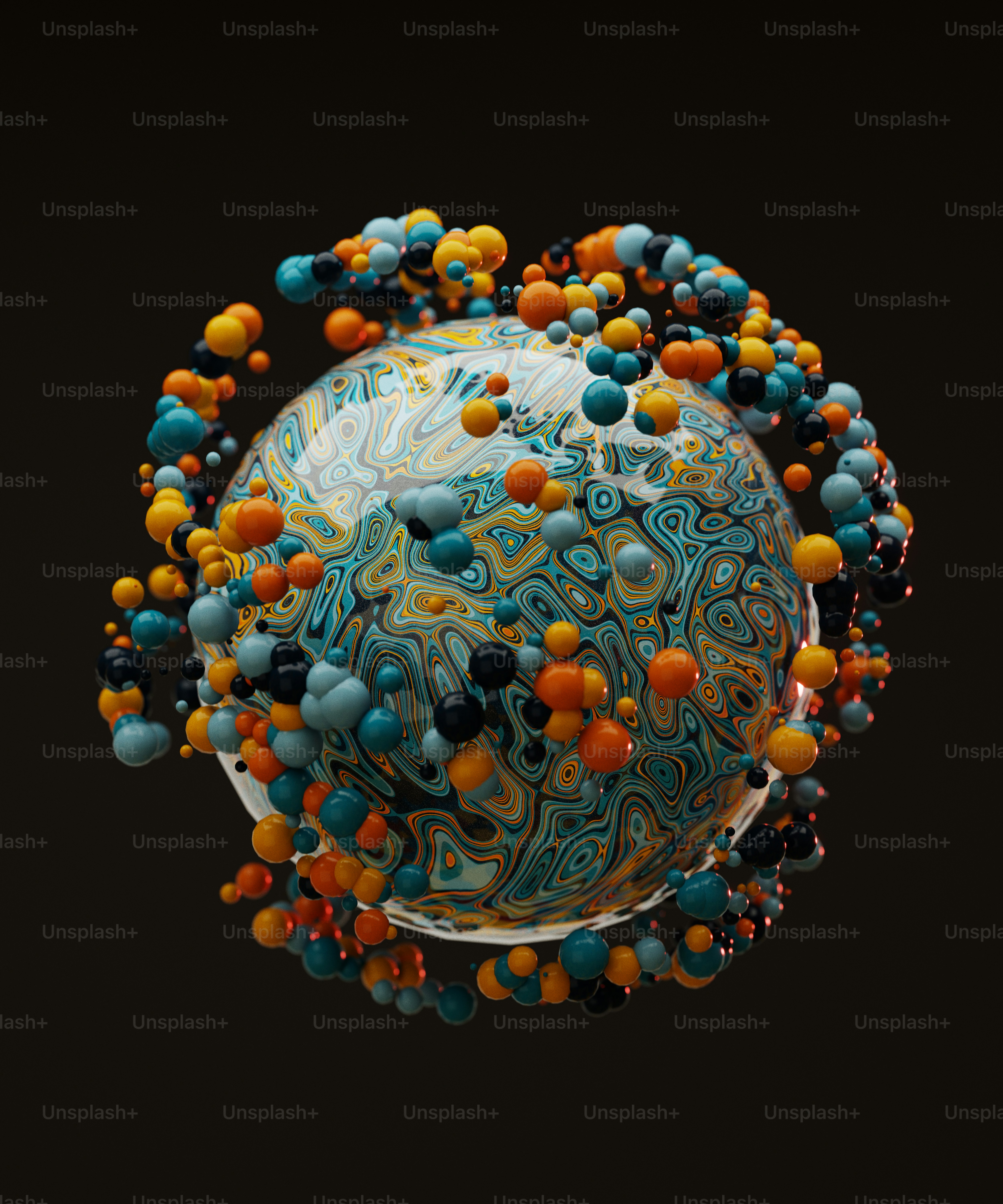 Abstract sphere with colorful swirling patterns and orbiting orbs photo ...