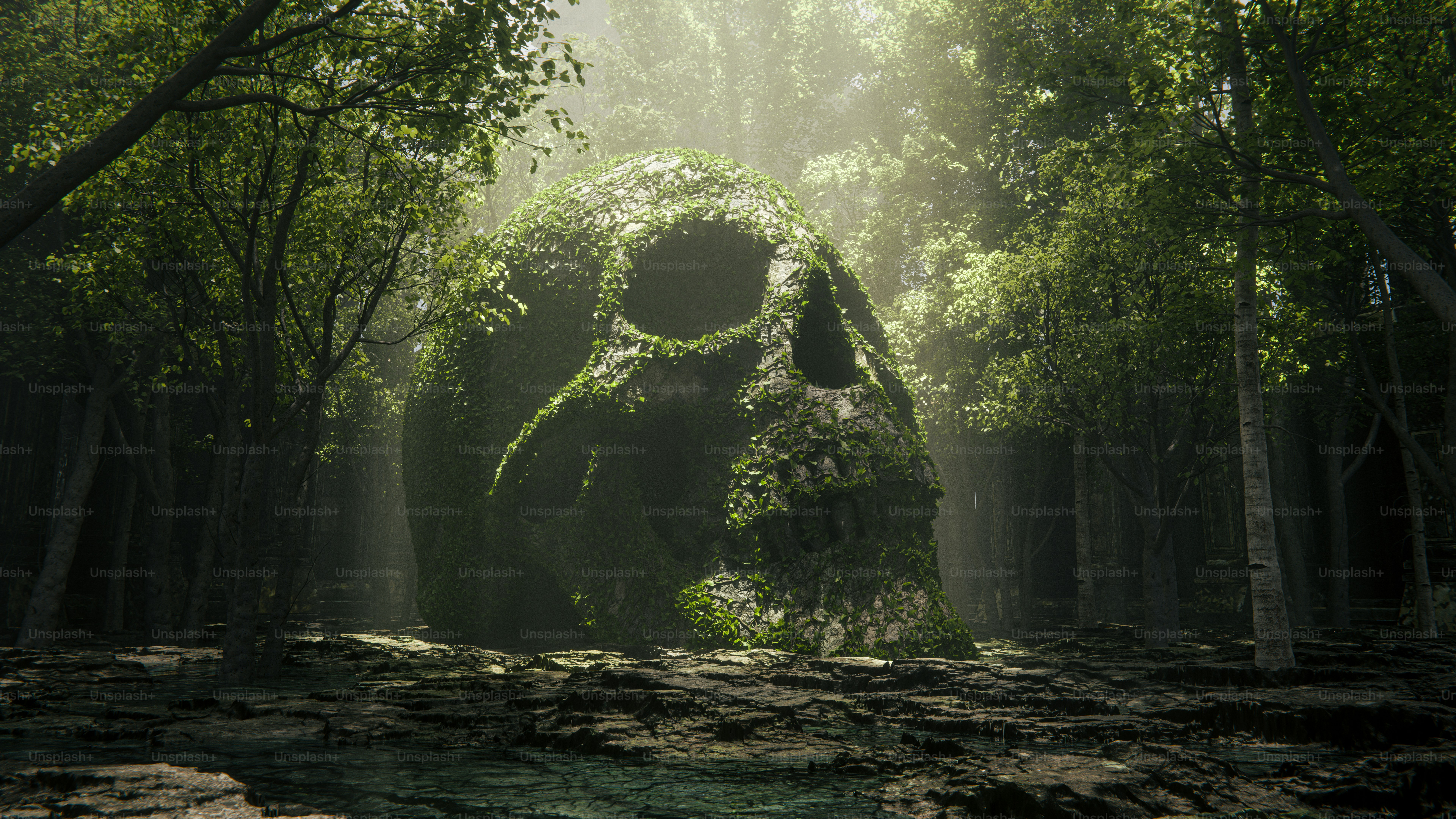 Giant moss-covered skull in a sunlit forest