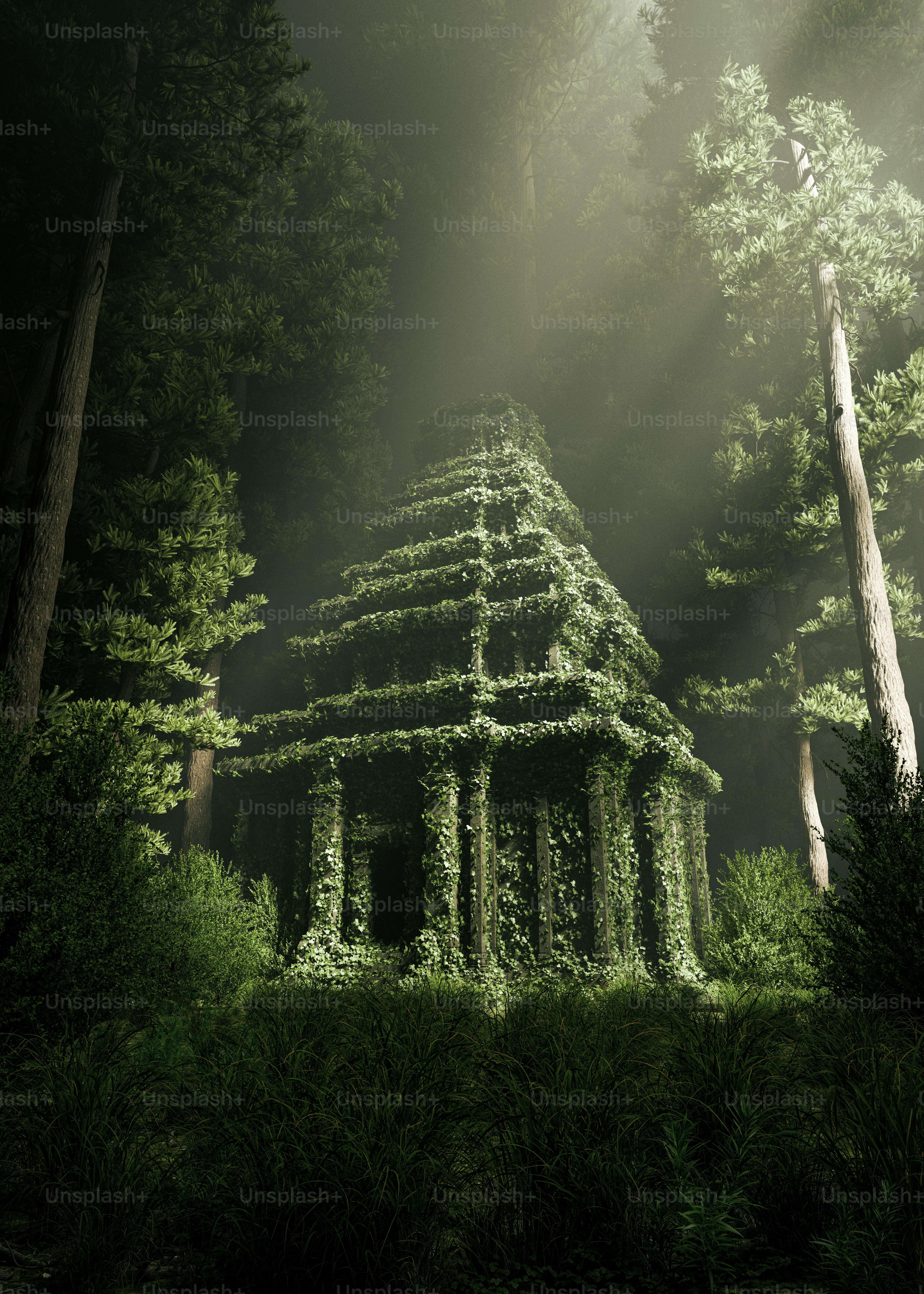 Ancient overgrown temple hidden in a misty forest