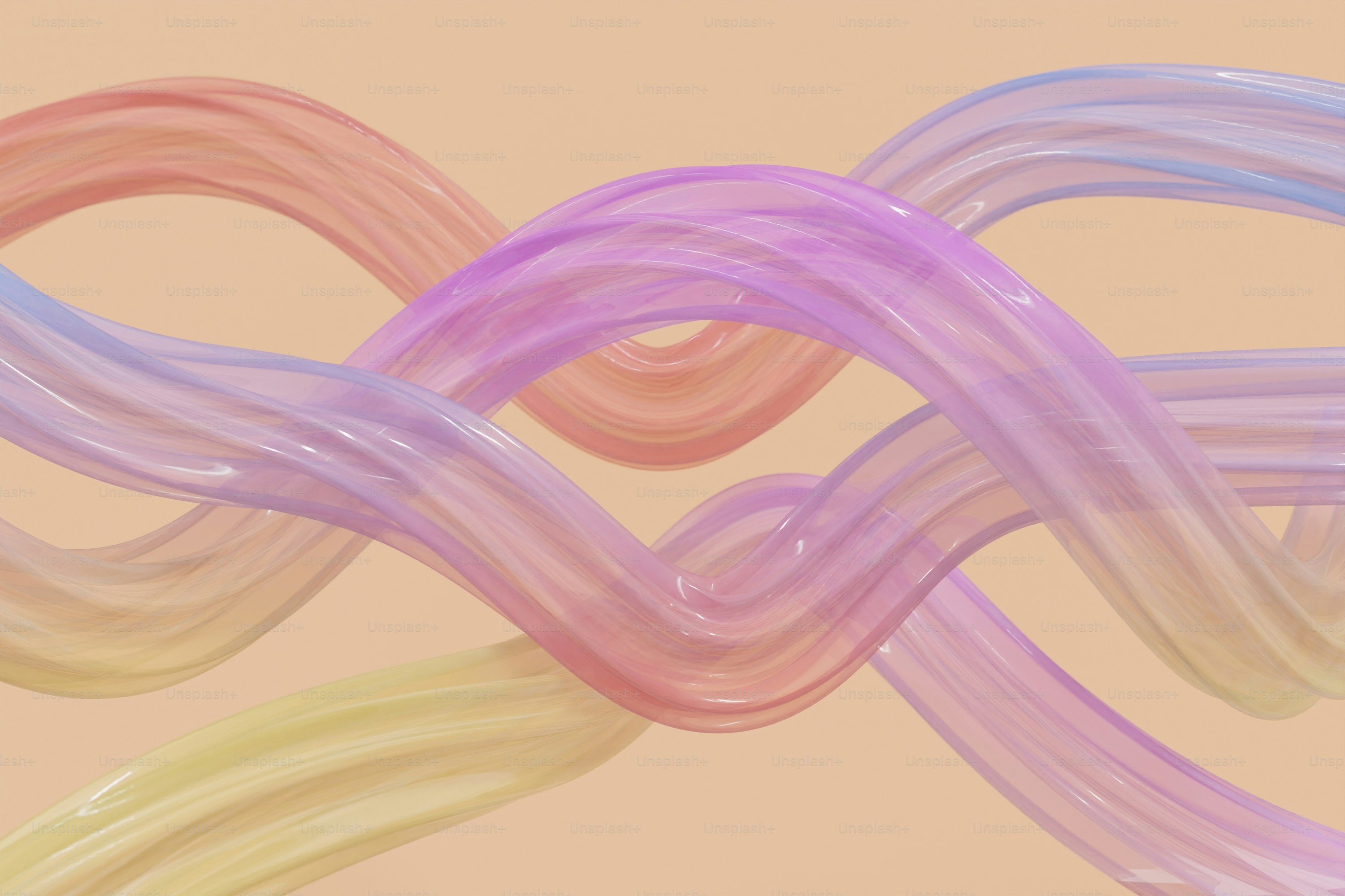 베이지색 배경에 물결치는 파스텔 리본이 얽혀 있었다.