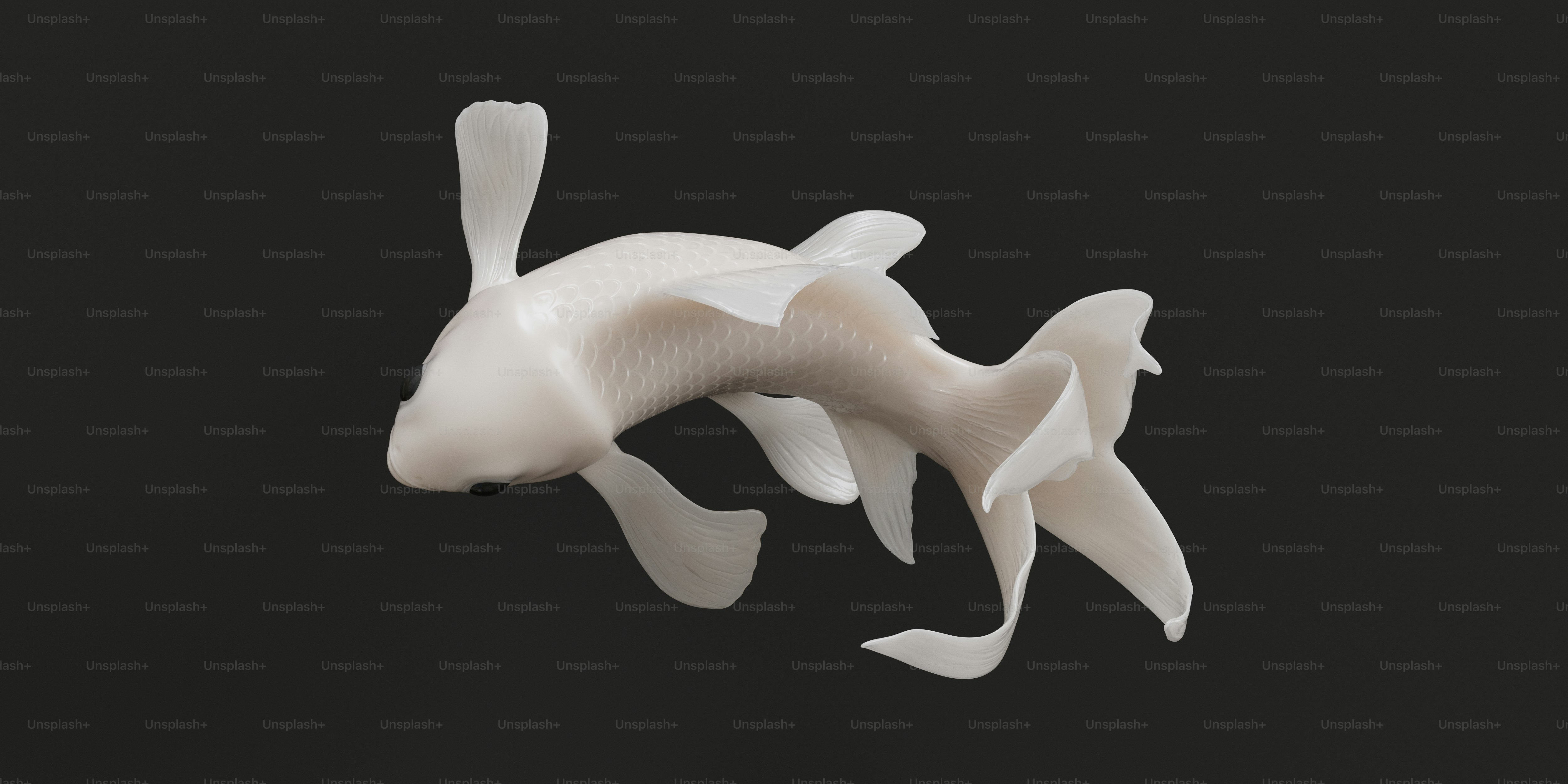A white fish sculpture on a black background