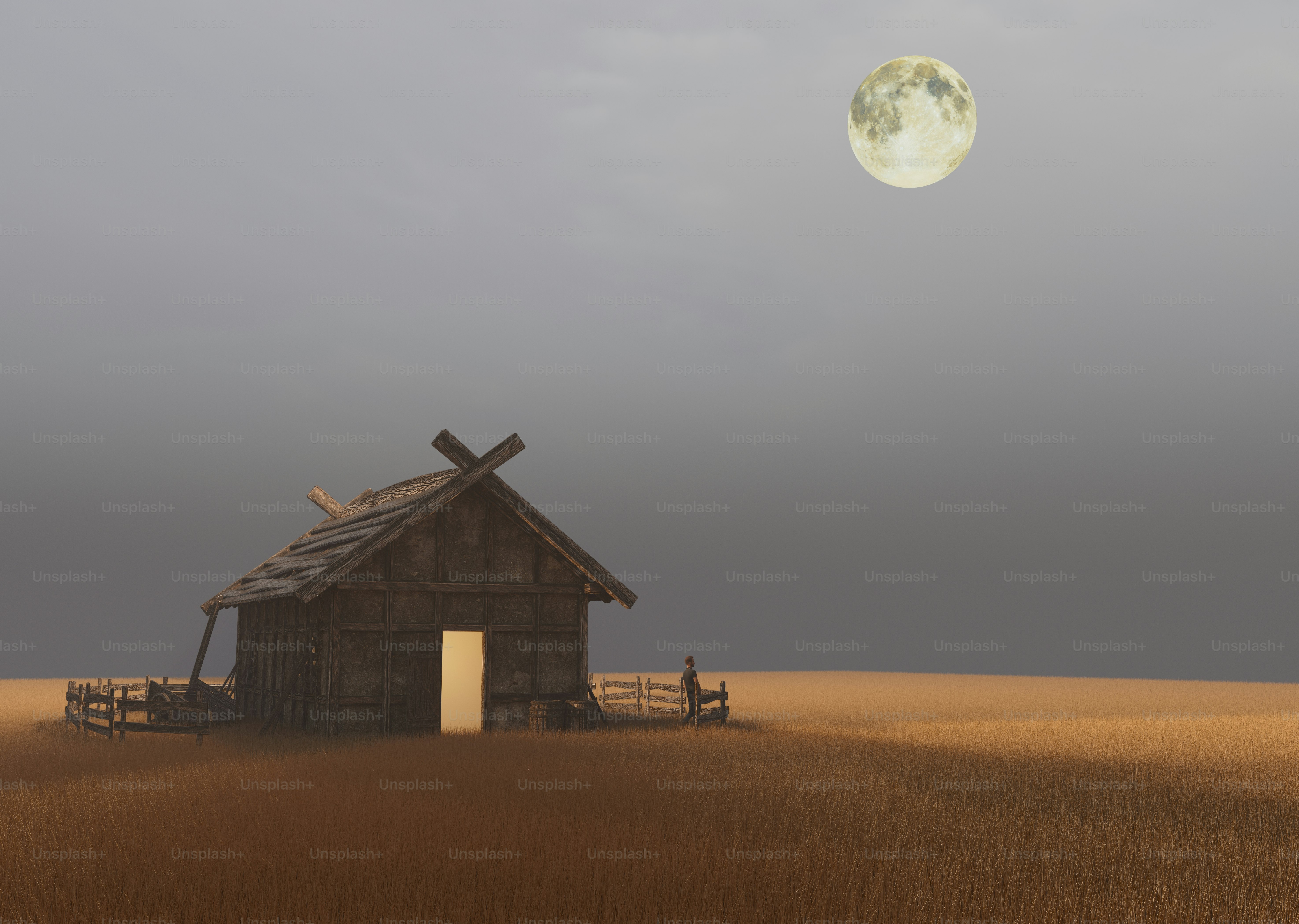 Rustic cabin under a full moon at dusk