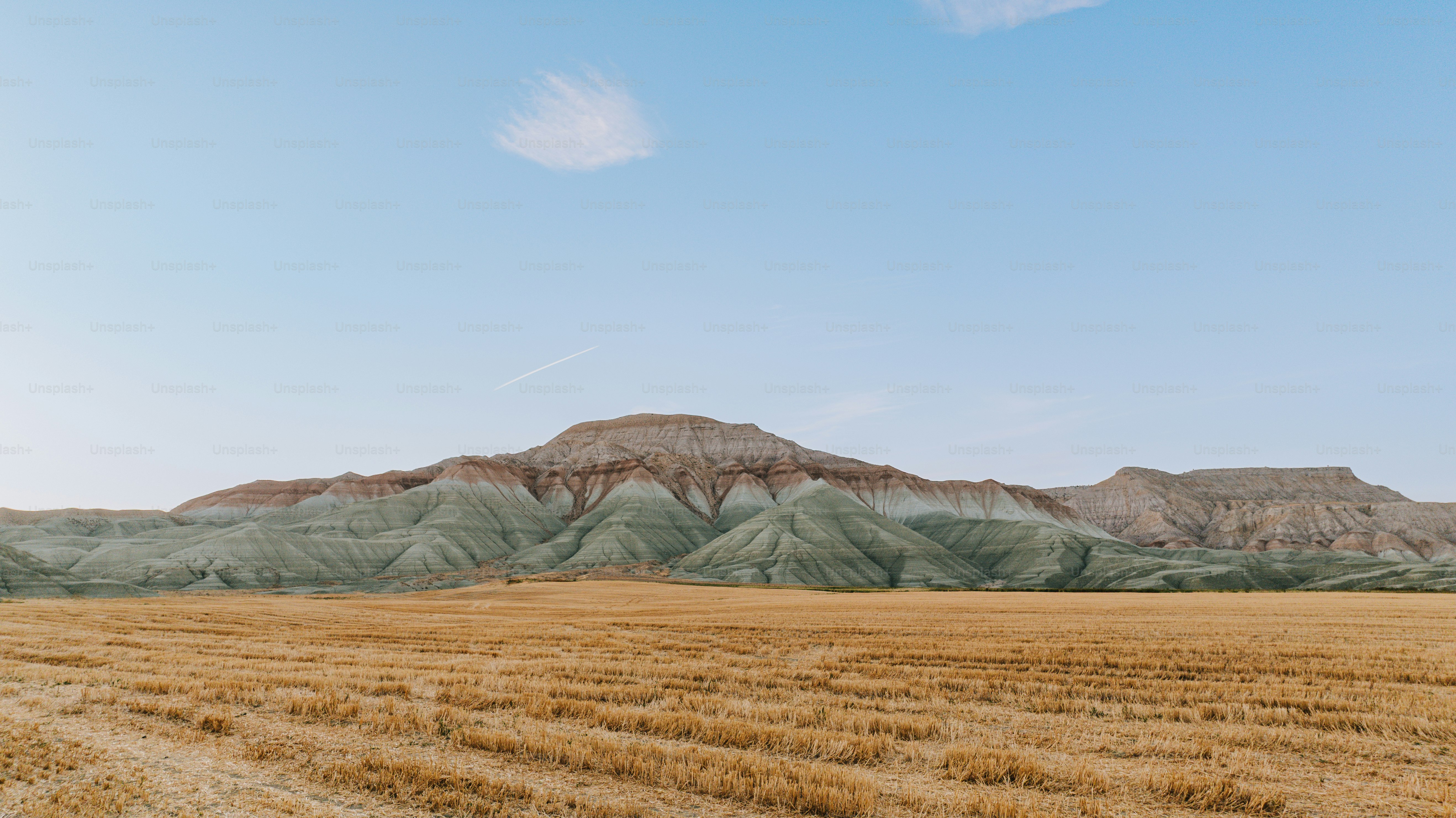 Dry golden field with colorful hills under blue sky