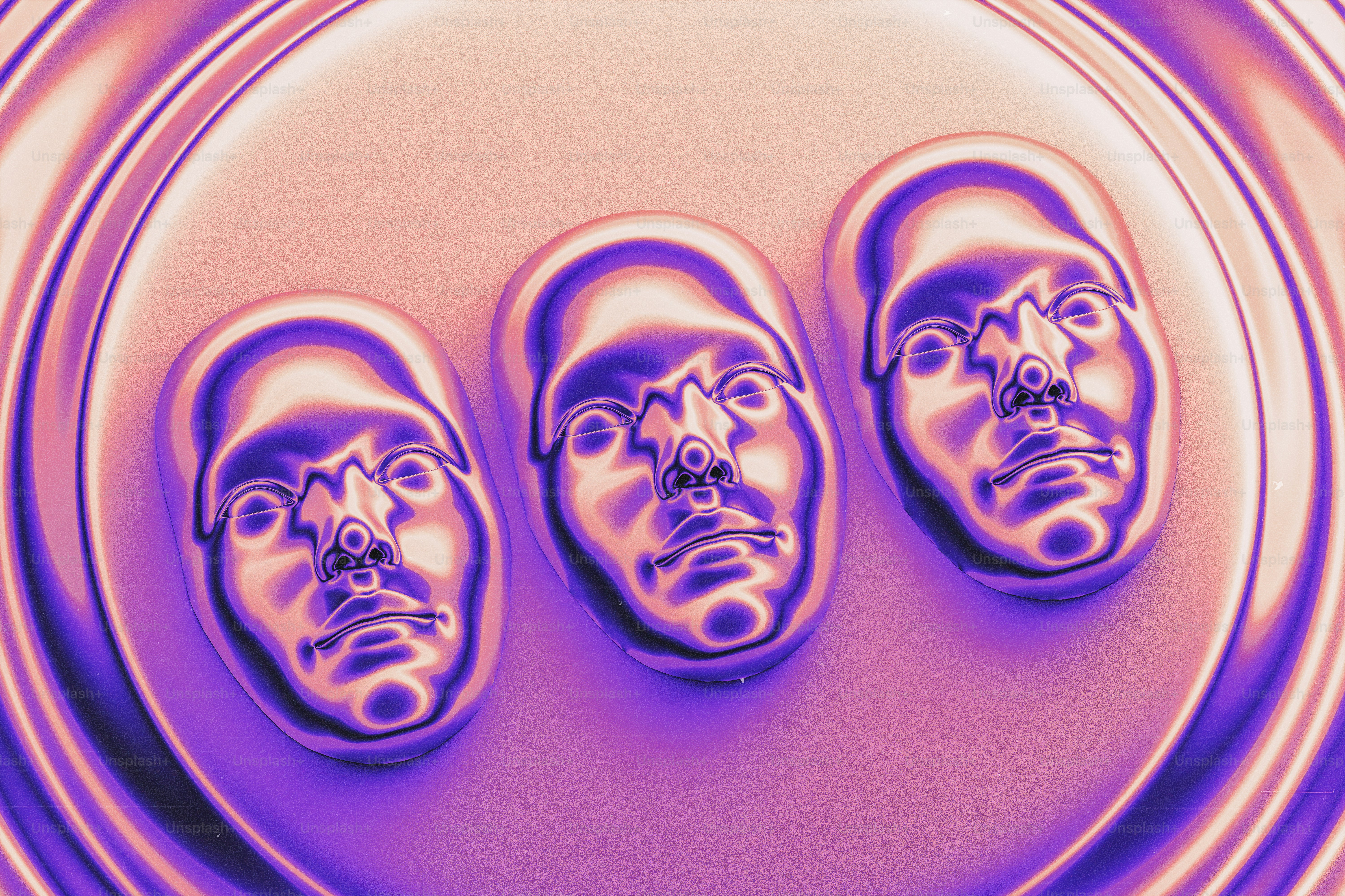Three metallic faces in a circular pattern
