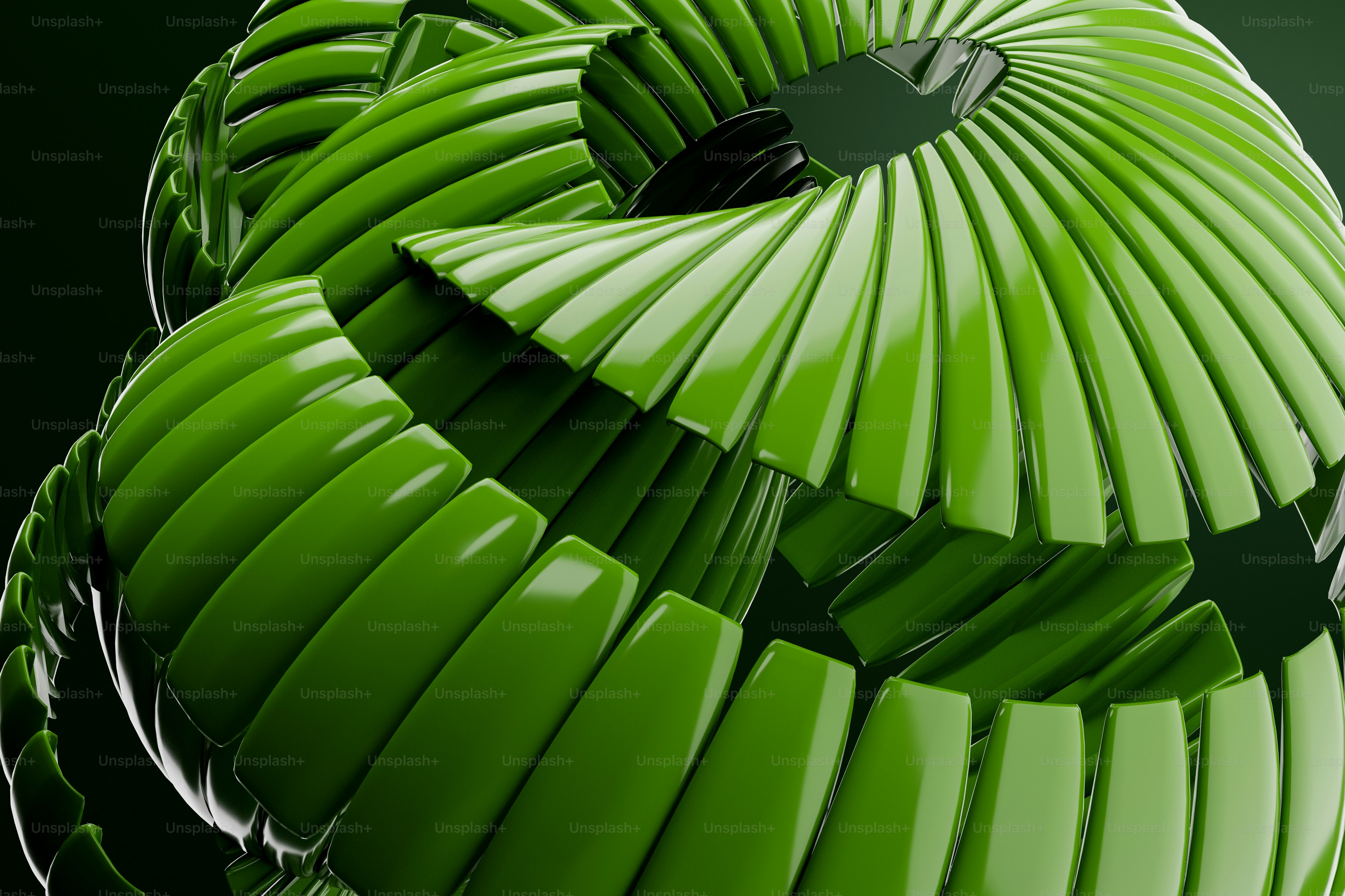 광택이 나는 구간을 가진 추상적인 녹색 나선형 구조