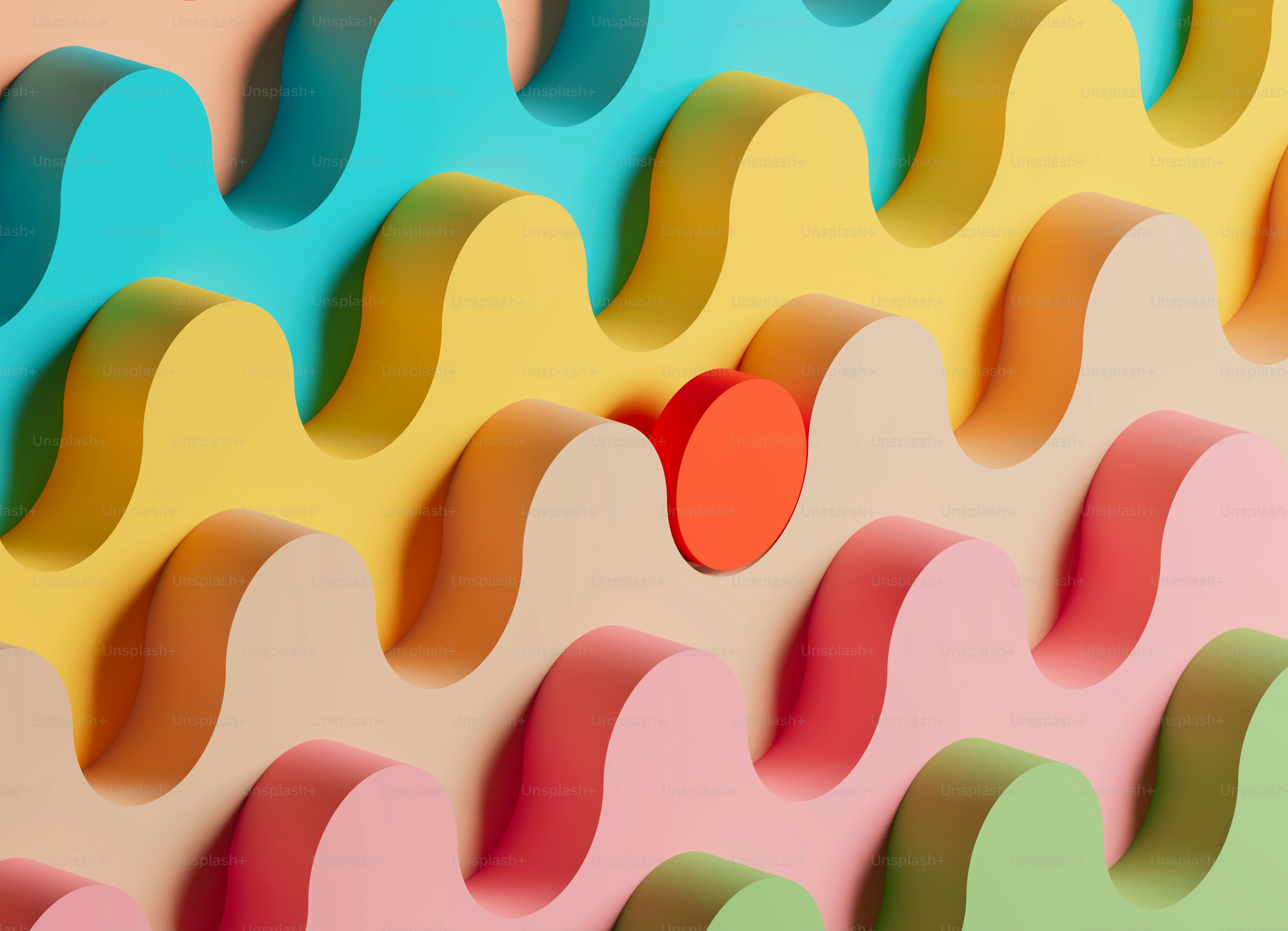 Colorful wavy pattern with a single red circle.