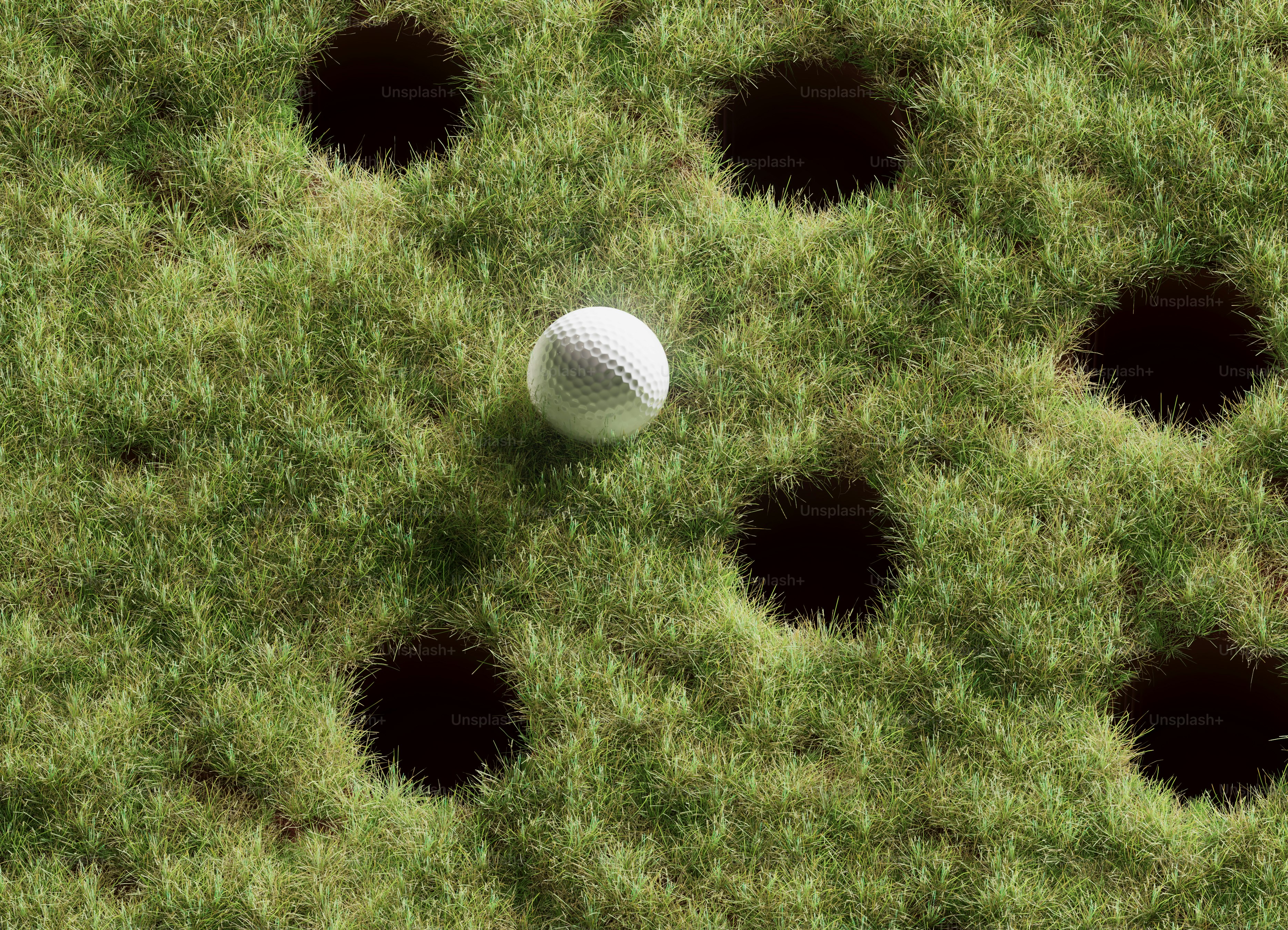 A white golf ball rests on green grass near holes