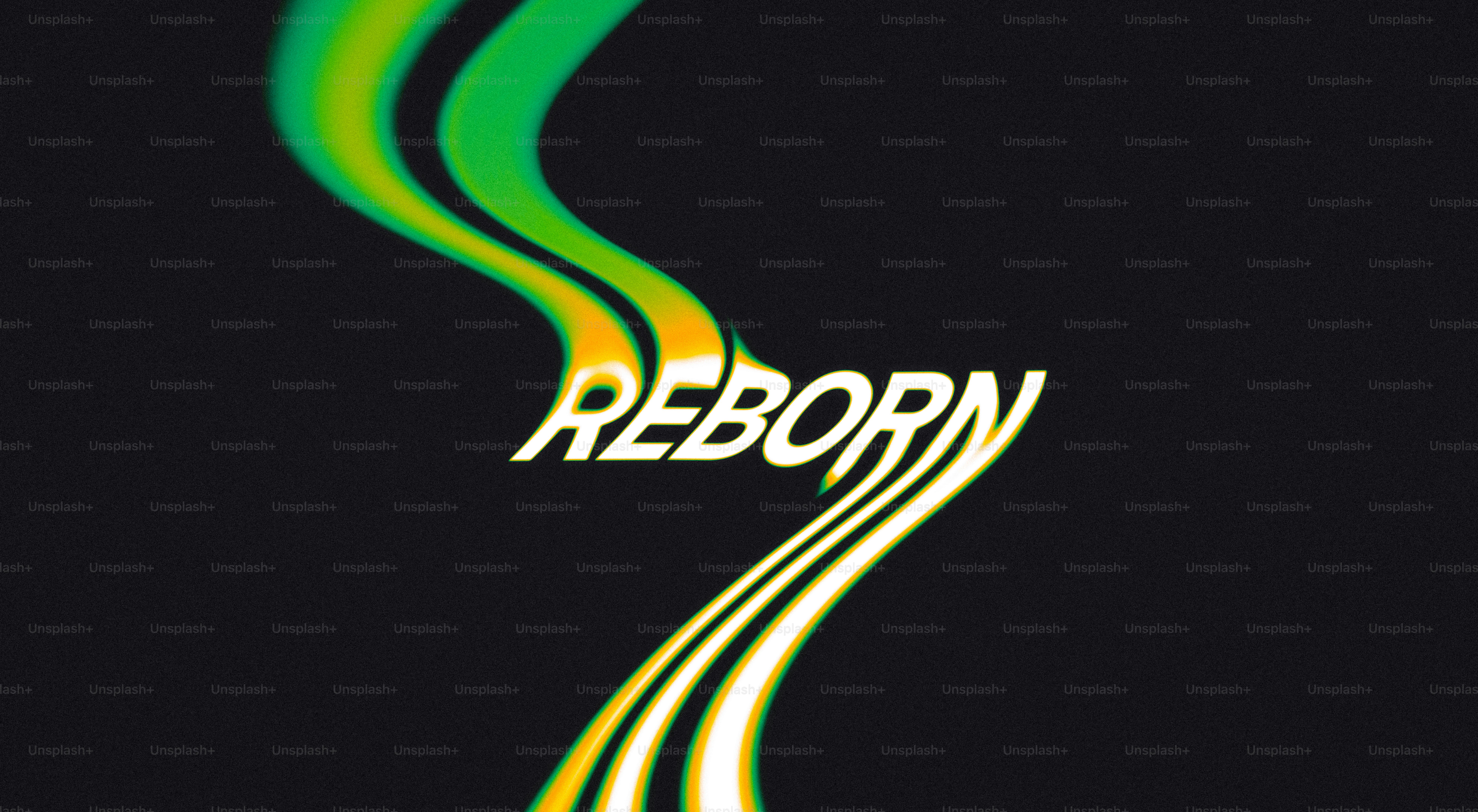 Das Wort wiedergeboren mit grünen und gelben Streifen.