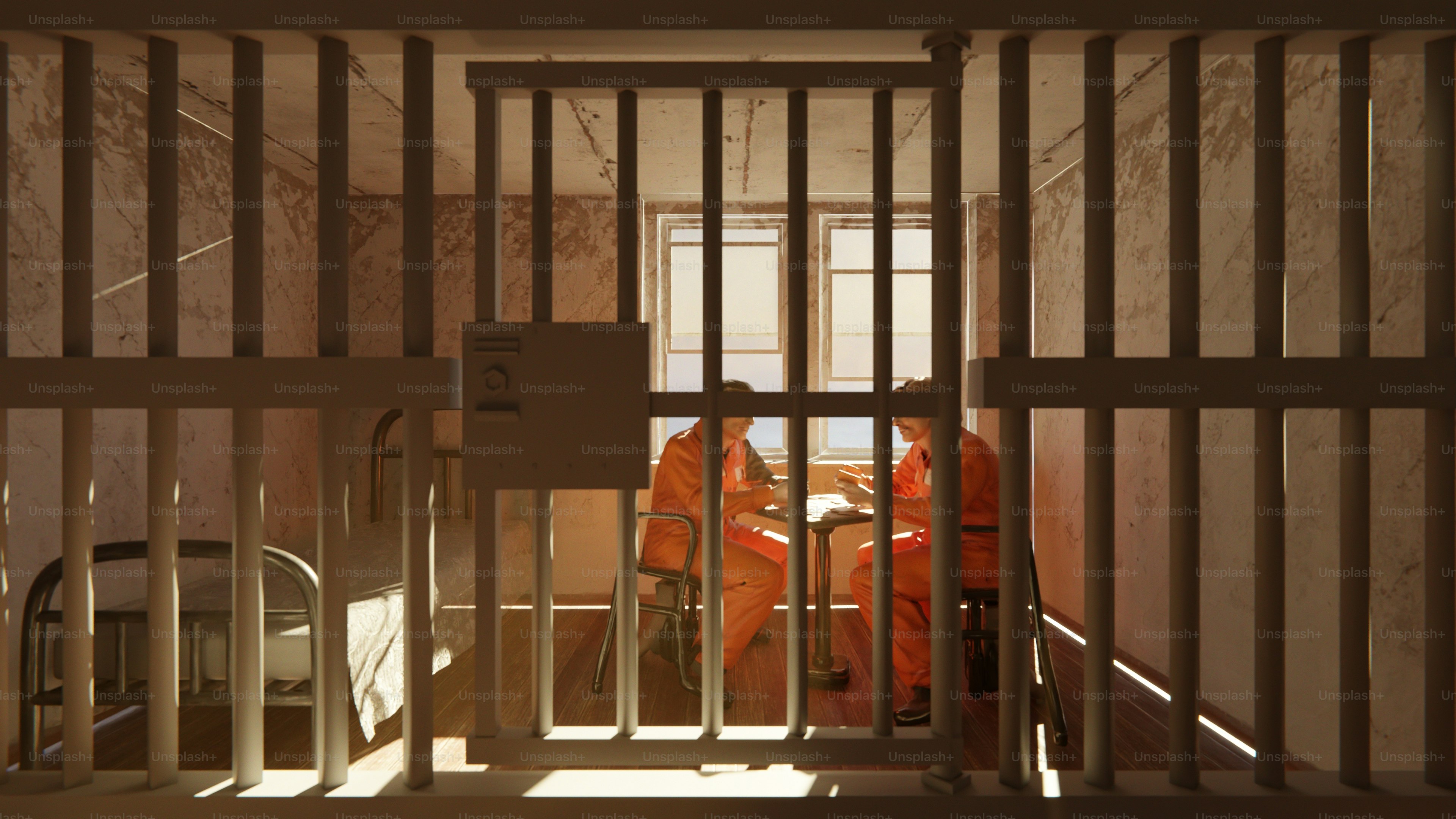 Dos presos con monos naranjas están sentados en una mesa.