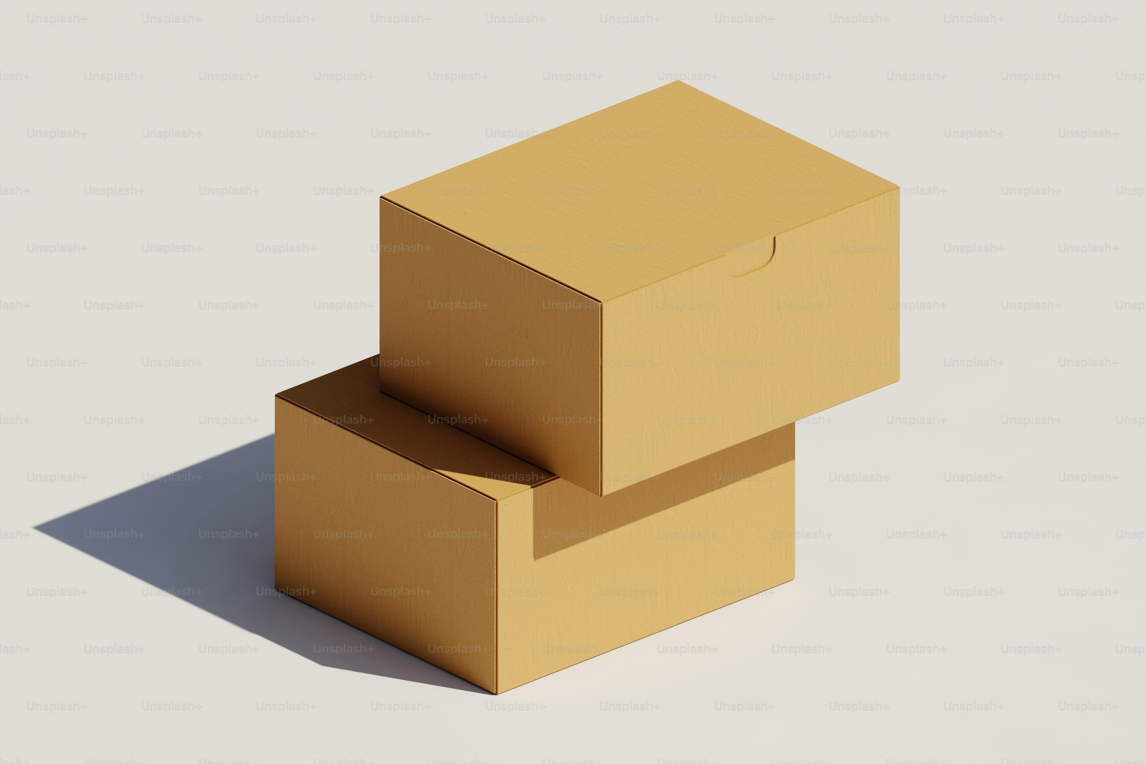Two stacked cardboard boxes on a white surface. photo – 3d render Image ...