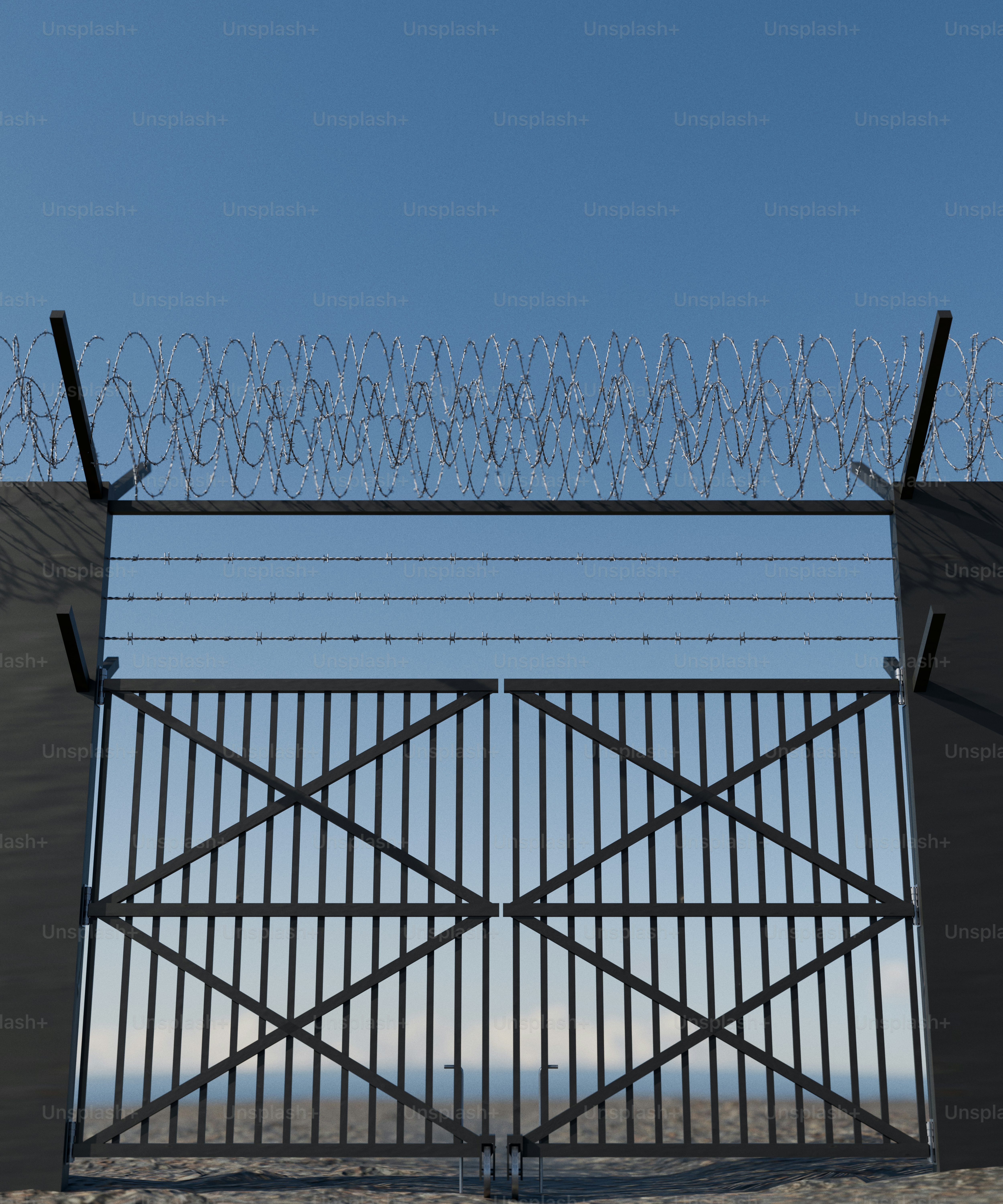 Barbed wire fence against a pale blue sky. photo – 3d render Image on ...