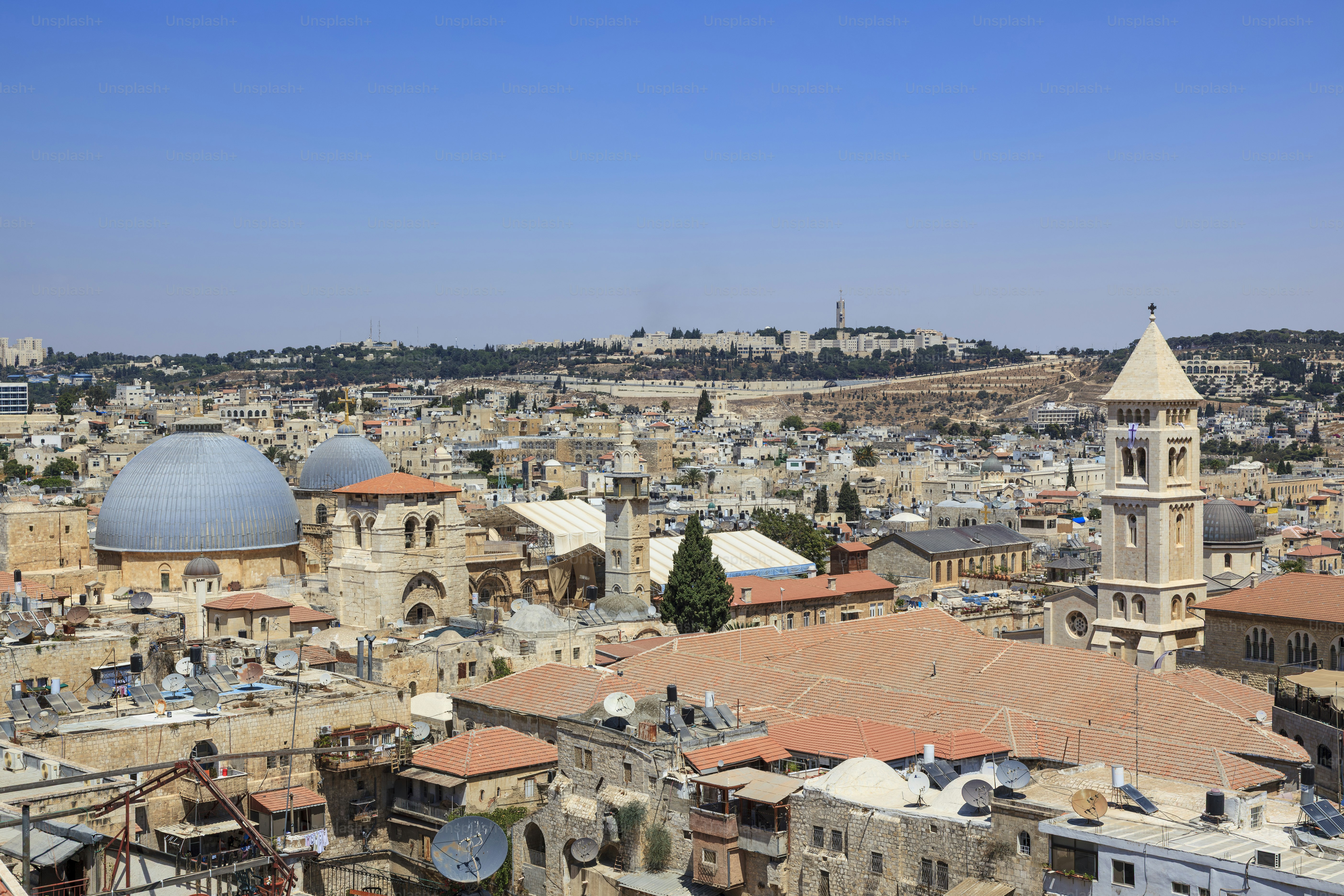 View of the Church of the Holy Sepulchre, the Danish Church, and the Old City of Jerusalem, Israel