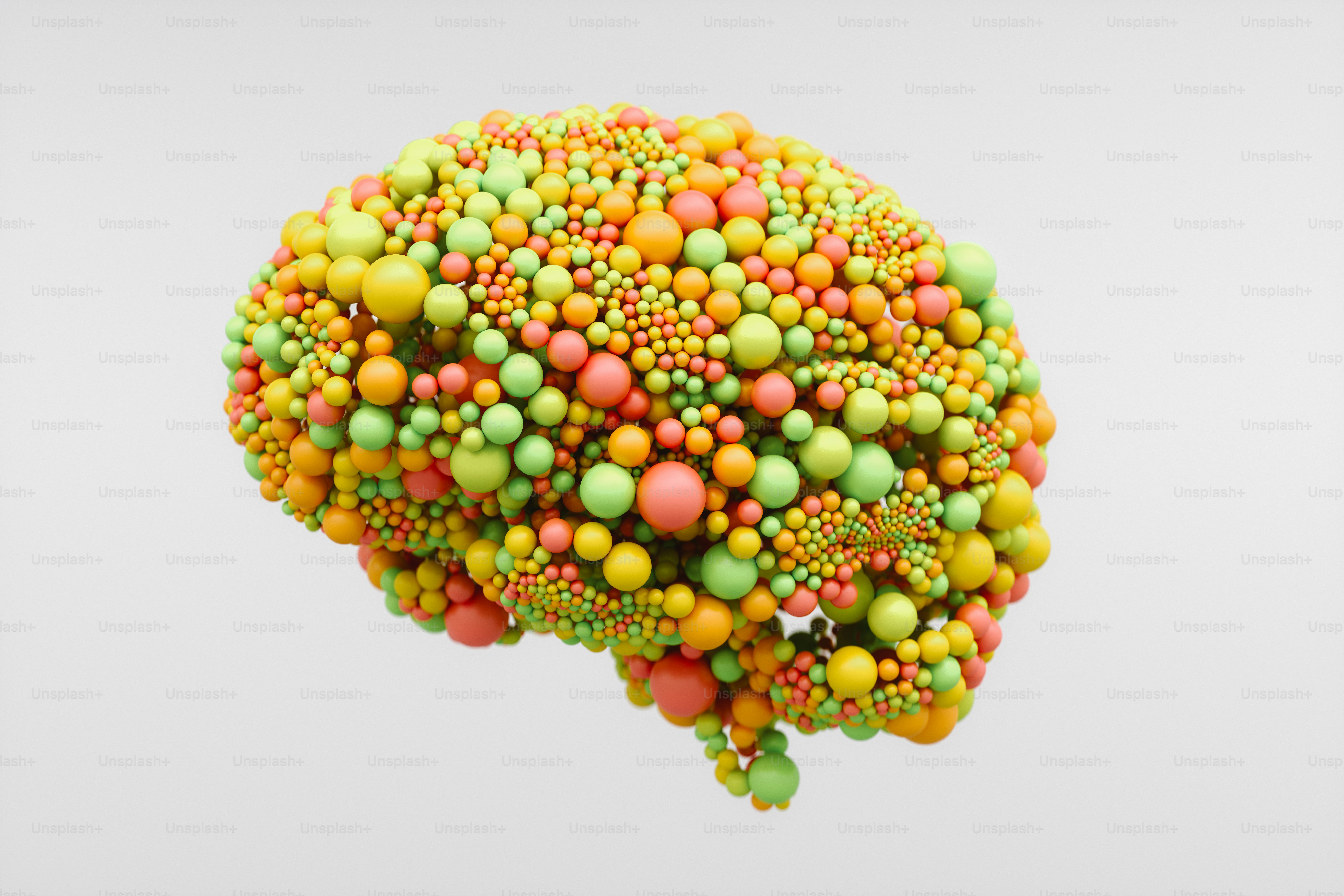 Human brain packed with colorful spheres. Conceptual image for inspiration, imagination, innovation and creativity.