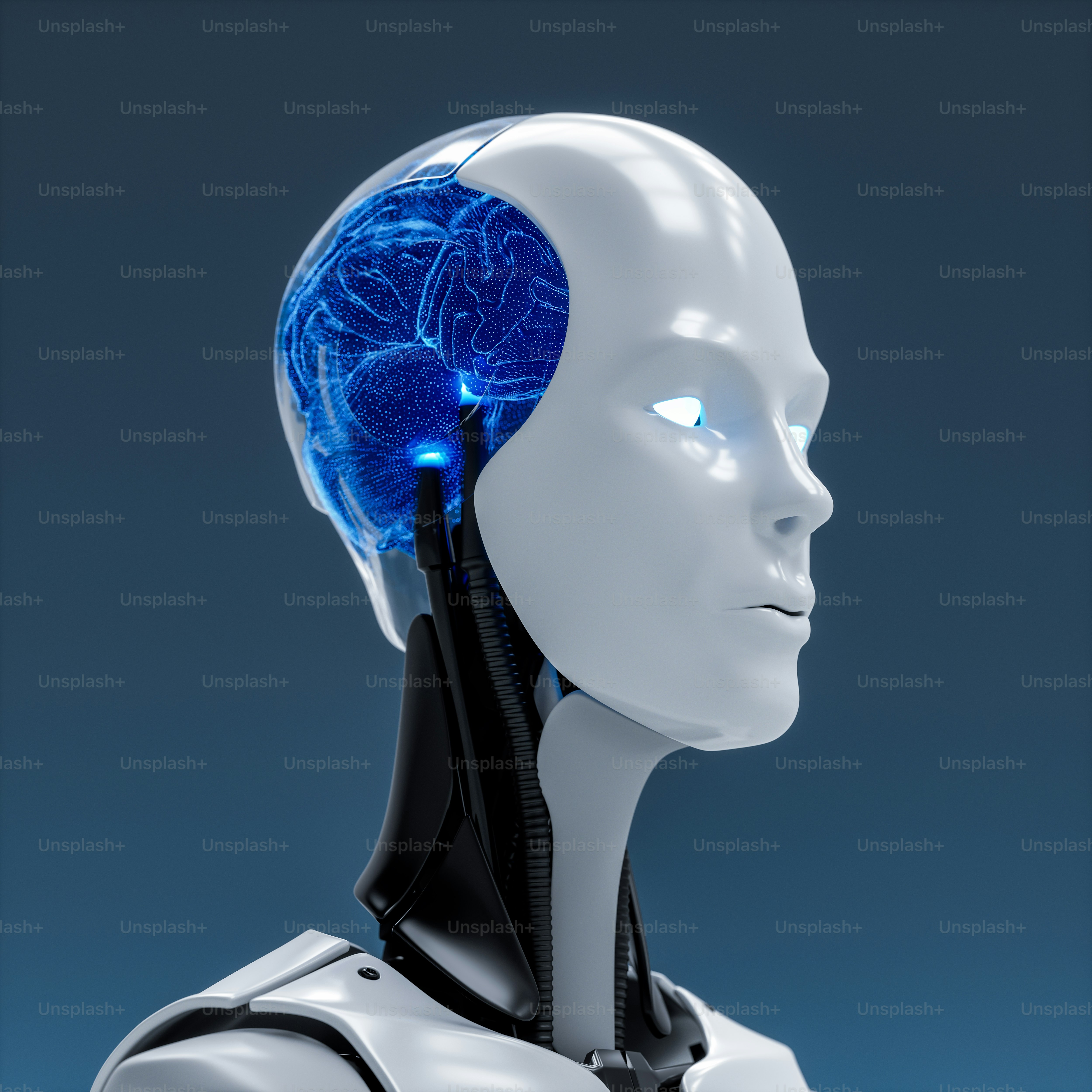 Portrait of a robot with artificial brain.