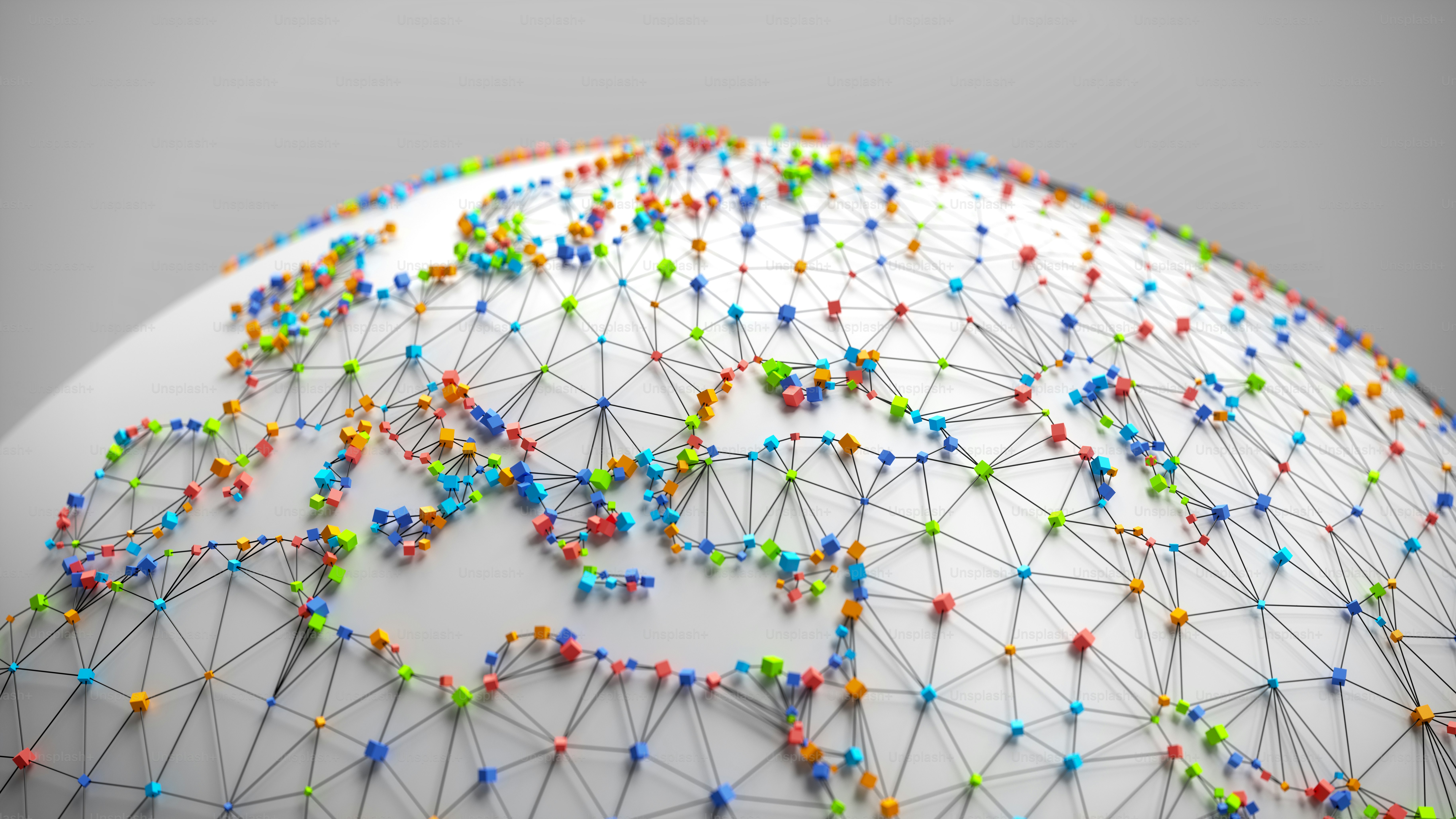 Conexões globais de rede, fundo gráfico poligonal com linhas conectadas e caixas coloridas.